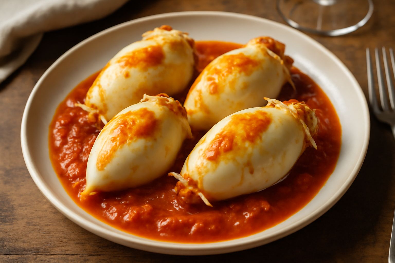 Calamai interi ripieni di pangrattato disposti in una padella scura con salsa di pomodoro densa, guarniti di prezzemolo fresco verde e pepe nero in grani