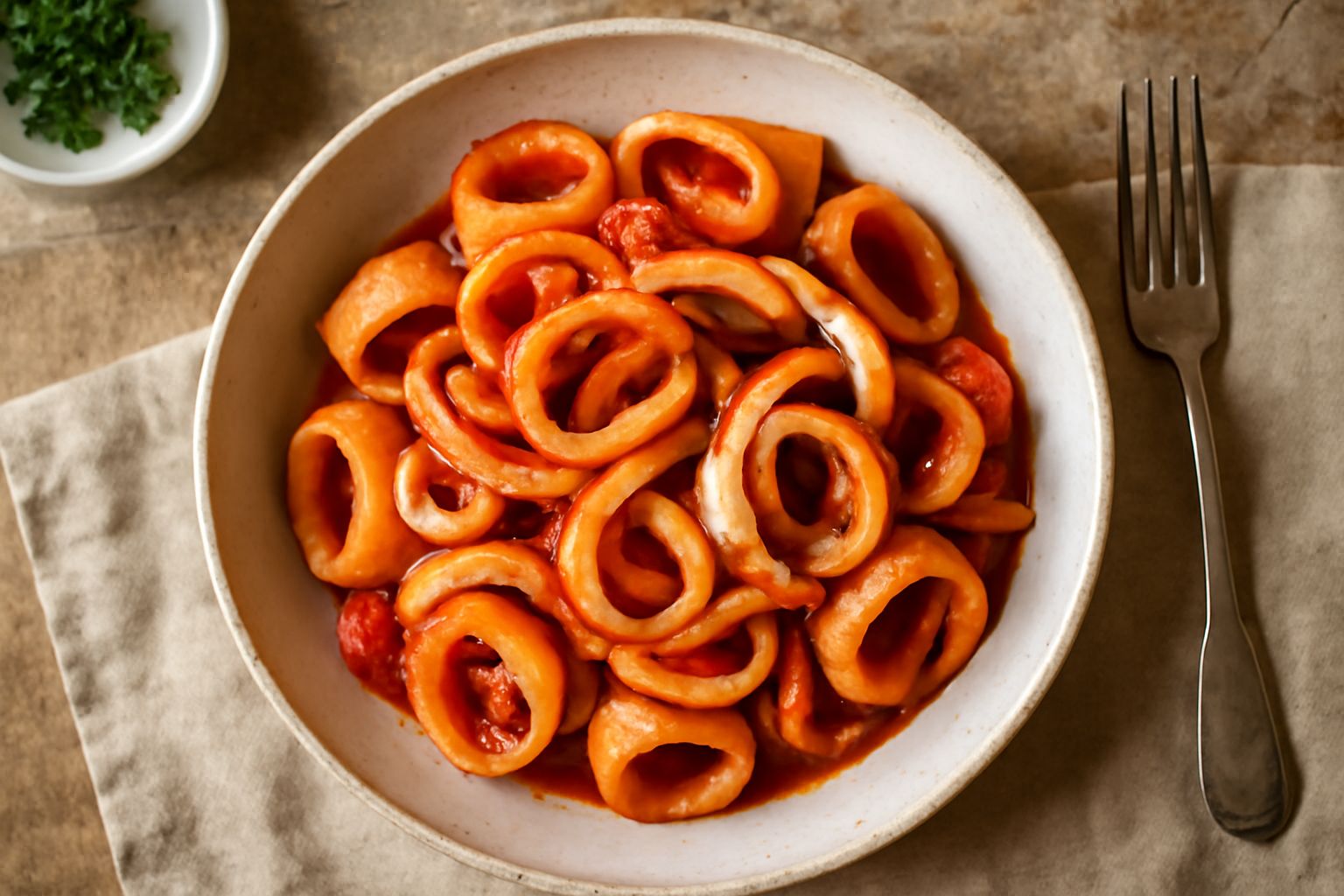 Piatto di pasta a forma di anello ricoperta da sugo di pomodoro rosso vivo con pezzi di calamari bianchi e trasparenti, prezzemolo verde fresco e gocce di olio extravergine, servito su piatto bianco p