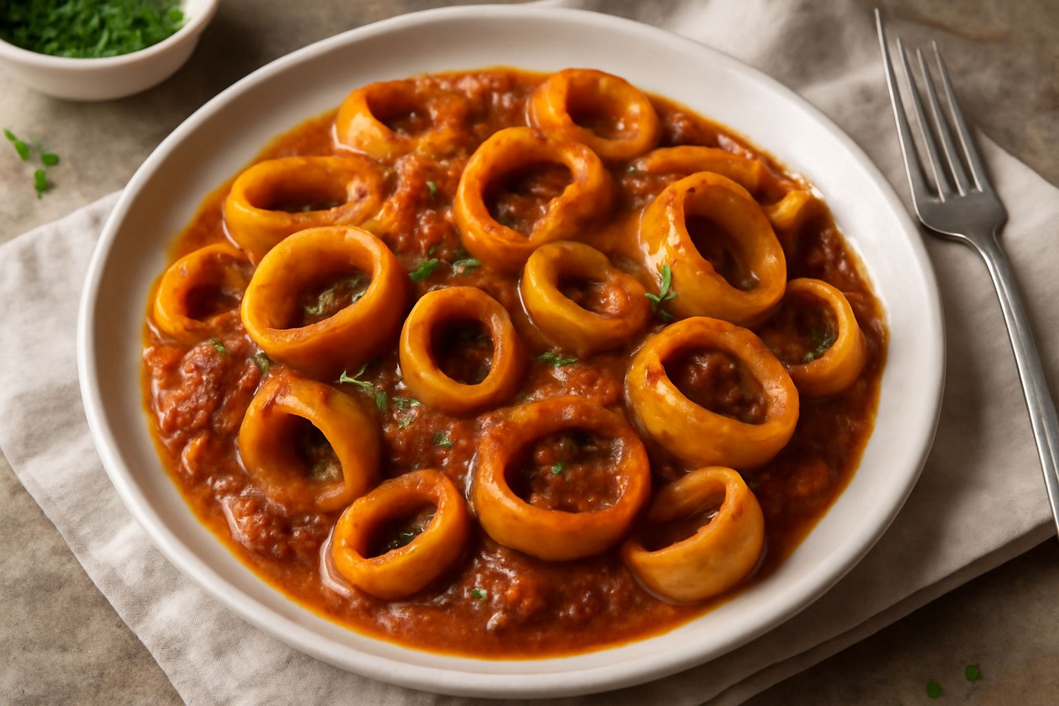 Piatto bianco con calamarata brindisina: pasta spessa color crema, anelli di calamari rosati, salsa di pomodoro densa, prezzemolo fresco verde in superficie, al centro del piatto