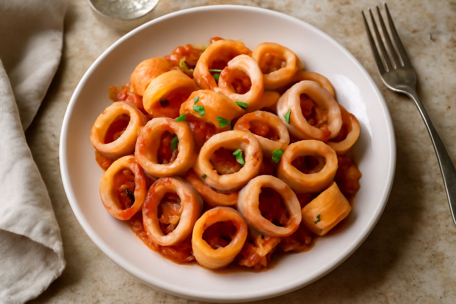 Piatto di calamarata bianca con anelli di calamaro rosato, prezzemolo verde fresco, filo di olio d'oliva, servito in piatto bianco fondo con contorno di pane tostato