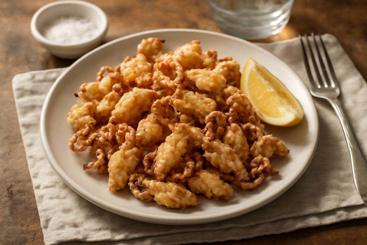 Calamaretti dorati e croccanti appena fritti in uno scolapasta, con limone fresco tagliato e sale grosso su piatto bianco