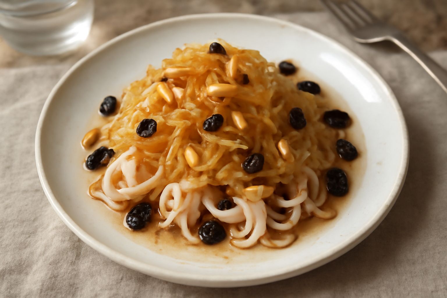 Calamaretti tenerissimi di colore bianco crema dentro una ciotola di terracotta bianca, coperti da cipolla dorata e traslucida, sparsi di pinoli tostati e uvetta scura, con brillantine di aceto visibi