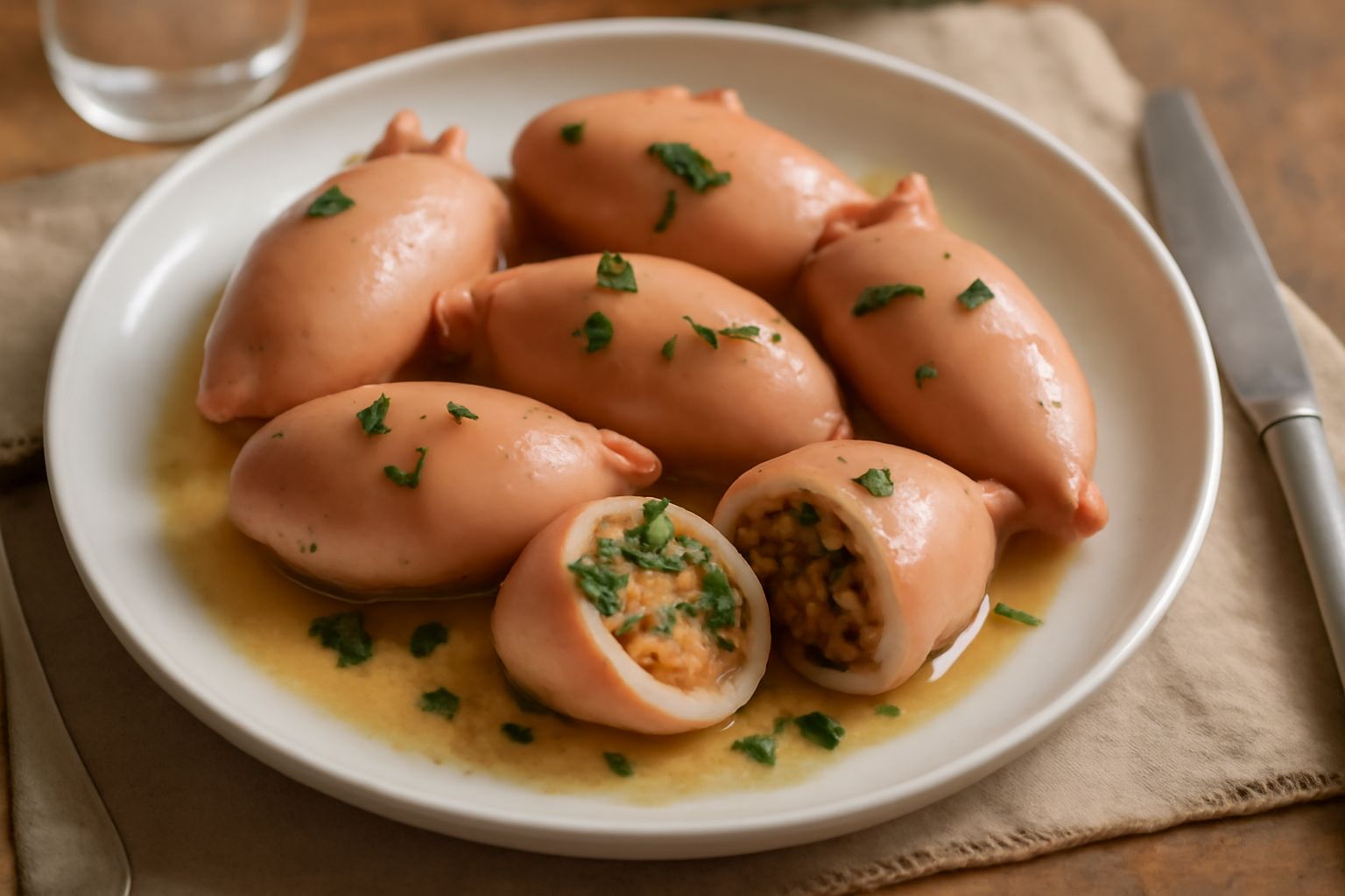 Calamaretti interi ripieni disposti su un piatto bianco, caldi rosati con odore di prezzemolo fresco, contorno di rucola verde e limone affettato, olio d'oliva che brilla sulla superficie