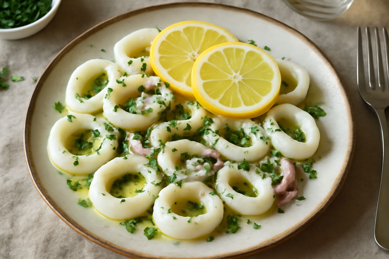 Calamari freddi affettati a rondelle trasparenti, bianco avorio con sfumature leggermente dorate, conditi con olio lucido, fettine di limone fresco e prezzemolo verde, serviti in piatto bianco freddo