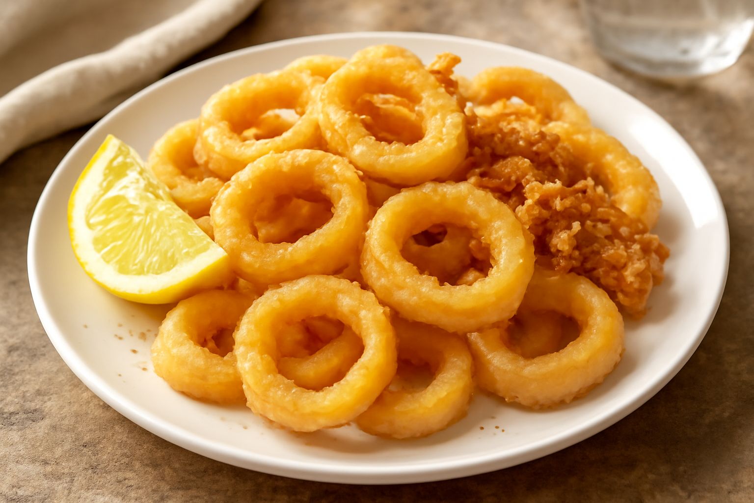 Piatto di porcellana bianca con calamari fritti dorati e croccanti, anelli regolari croccanti, guarniti con limone fresco affettato e prezzemolo verde, olio lucido sulla superficie