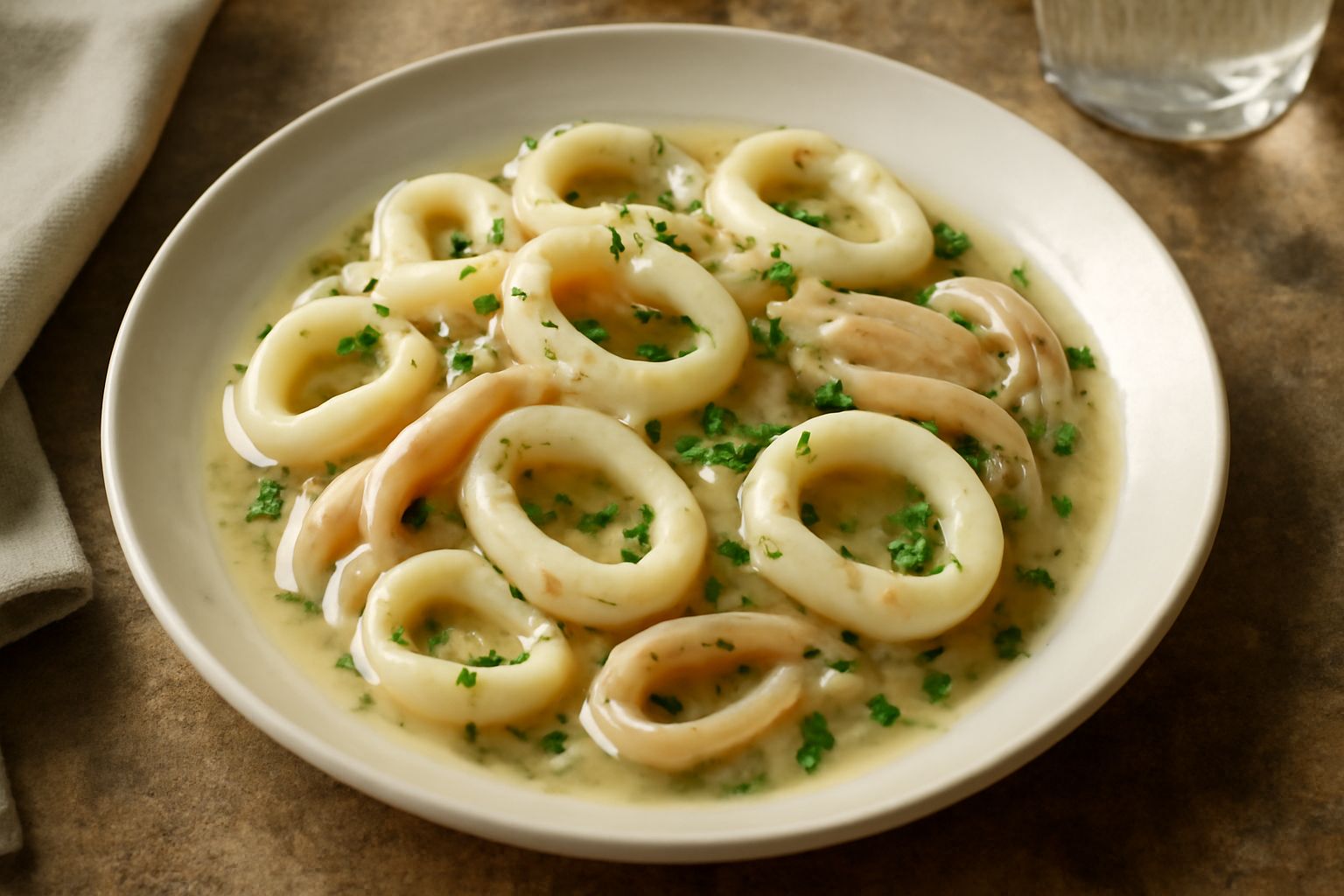 Calamari interi e anelli cotti in salsa bianca in un piatto fondo di ceramica bianca, con aglio affettato e prezzemolo fresco tritato sparsi sopra, fondo di vino visibile nel piatto