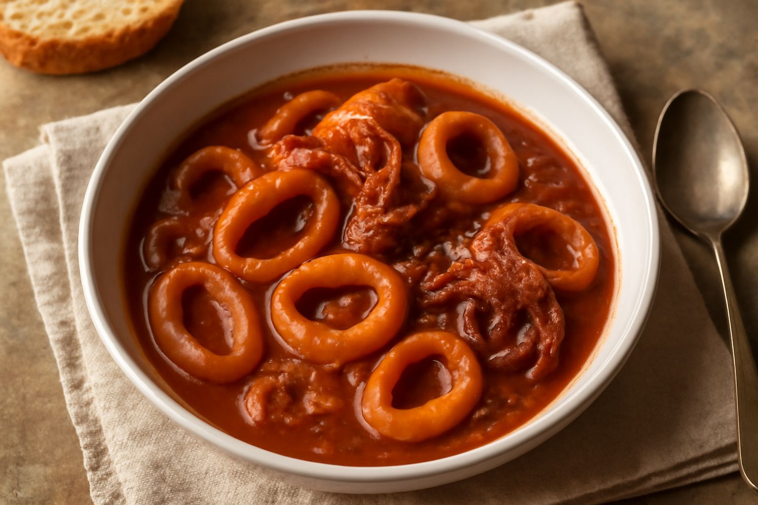 Calamari tagliati a anelli in umido in una ciotola di ceramica bianca con sugo di pomodoro denso, due spicchi d'aglio schiacciati visibili e prezzemolo fresco tritato in superficie