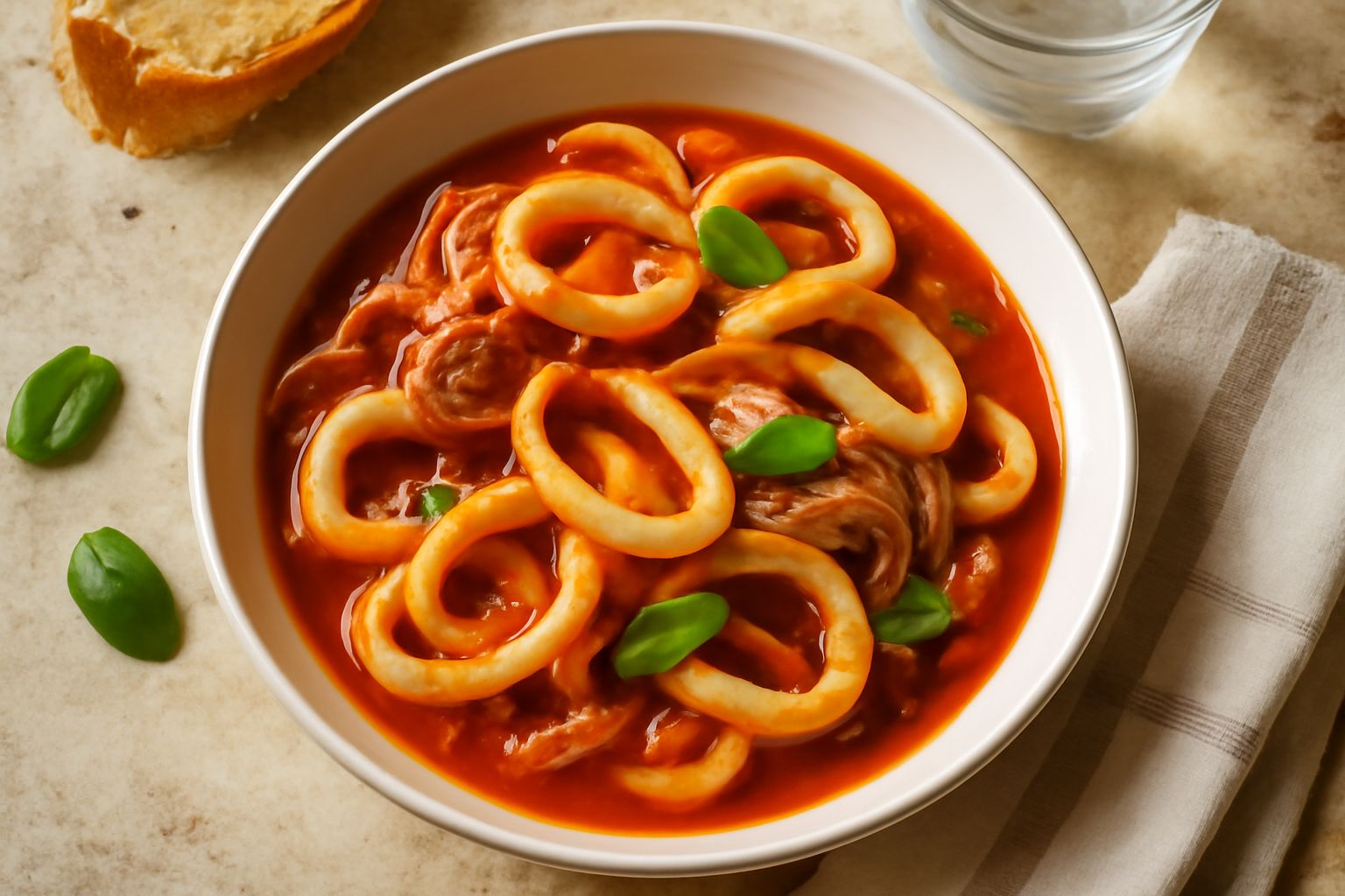 Calamari tagliati a anelli in una ciotola di terracotta, ricoperti di sugo di pomodoro denso e rosso scuro, guarniti con prezzemolo fresco tritato, contorno di pane tostato