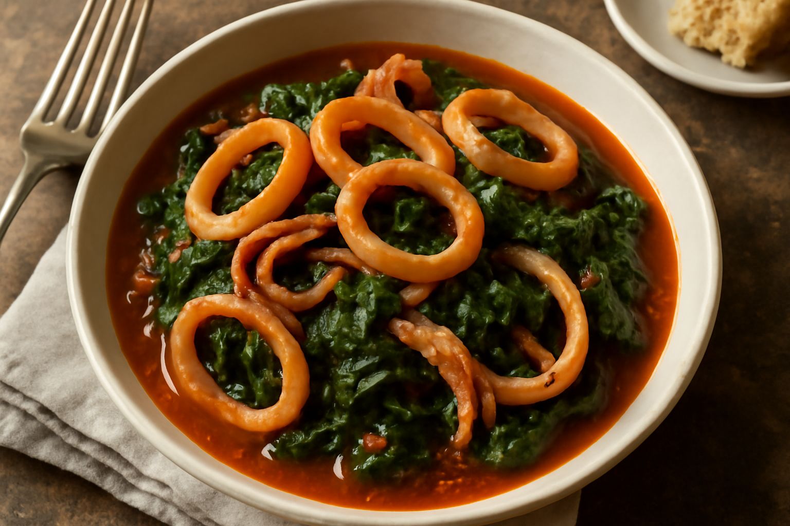 Calamari bianchi e morbidi in umido con spinaci verdi scuri e salsa di pomodoro in una ciotola bianca, guarniti con aglio e olio d'oliva