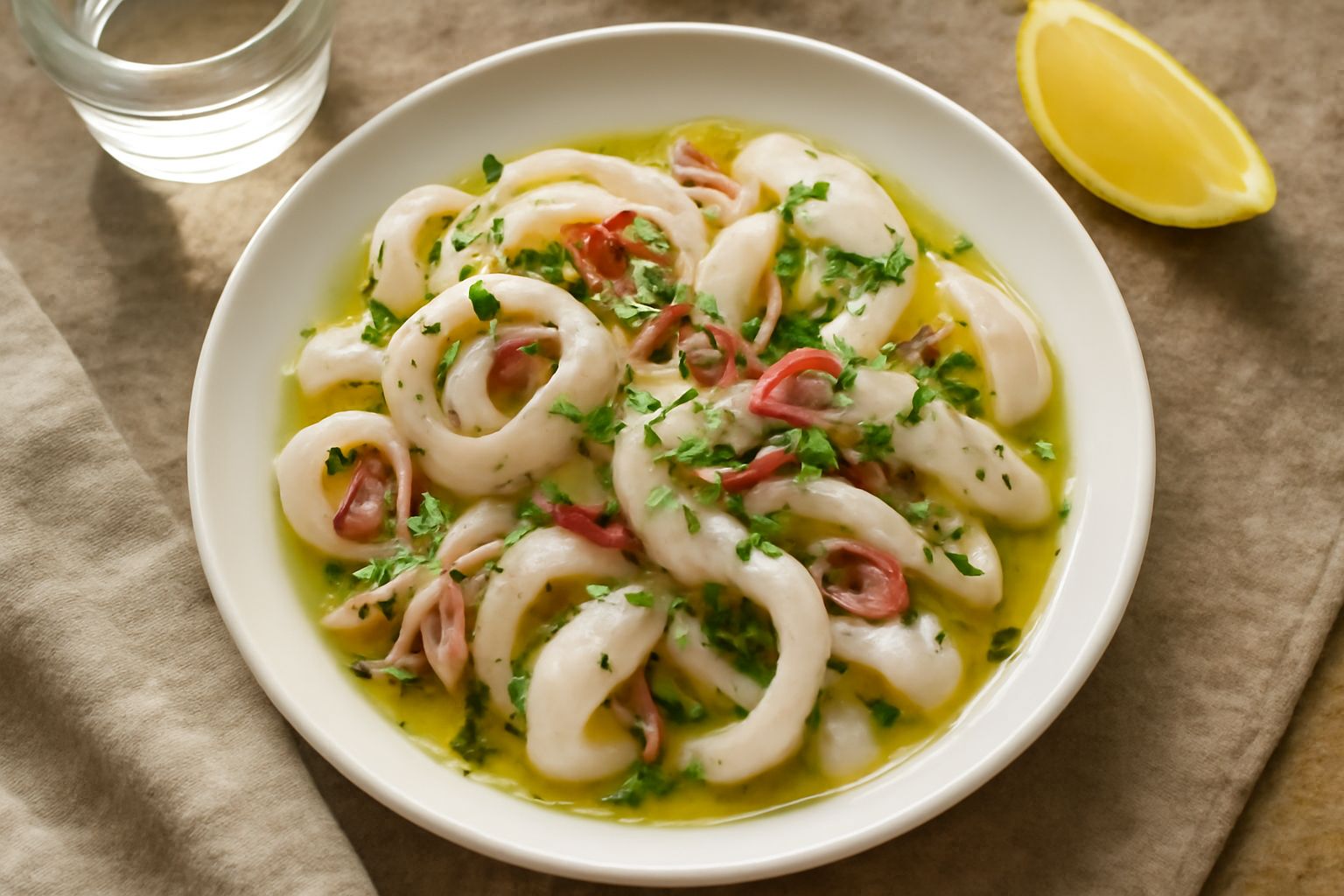 Calamari marinati bianchi e traslucidi in un piatto bianco, conditi con fette sottili di aglio rosso, prezzemolo verde fresco, limone giallo, olio brillante e una spolverata di pepe nero