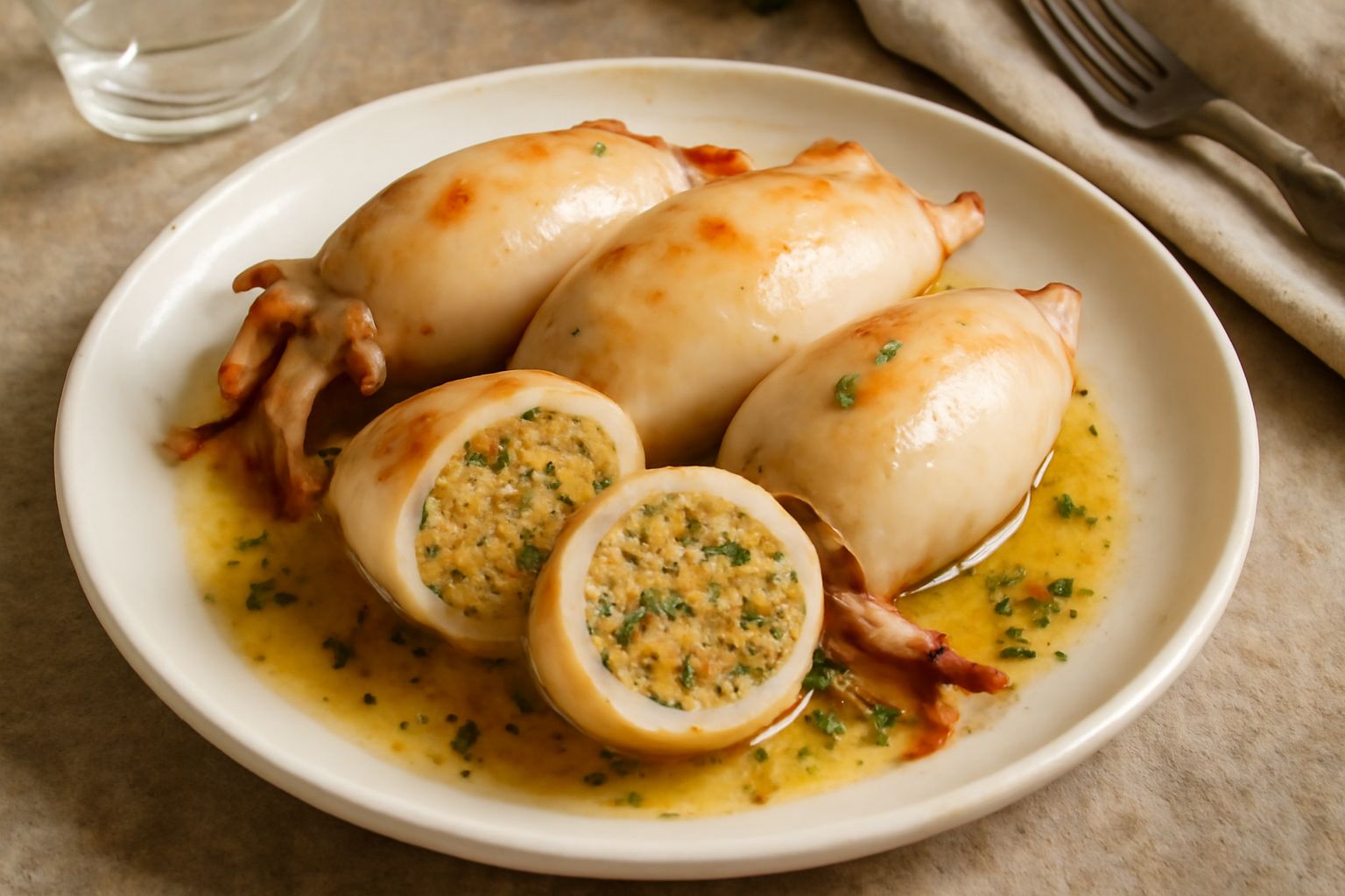 Tre calamari ripieni dorati in un piatto bianco, tagliati a metà per mostrare il ripieno di pane e prezzemolo, con limone fresco e prezzemolo intero come guarnizione