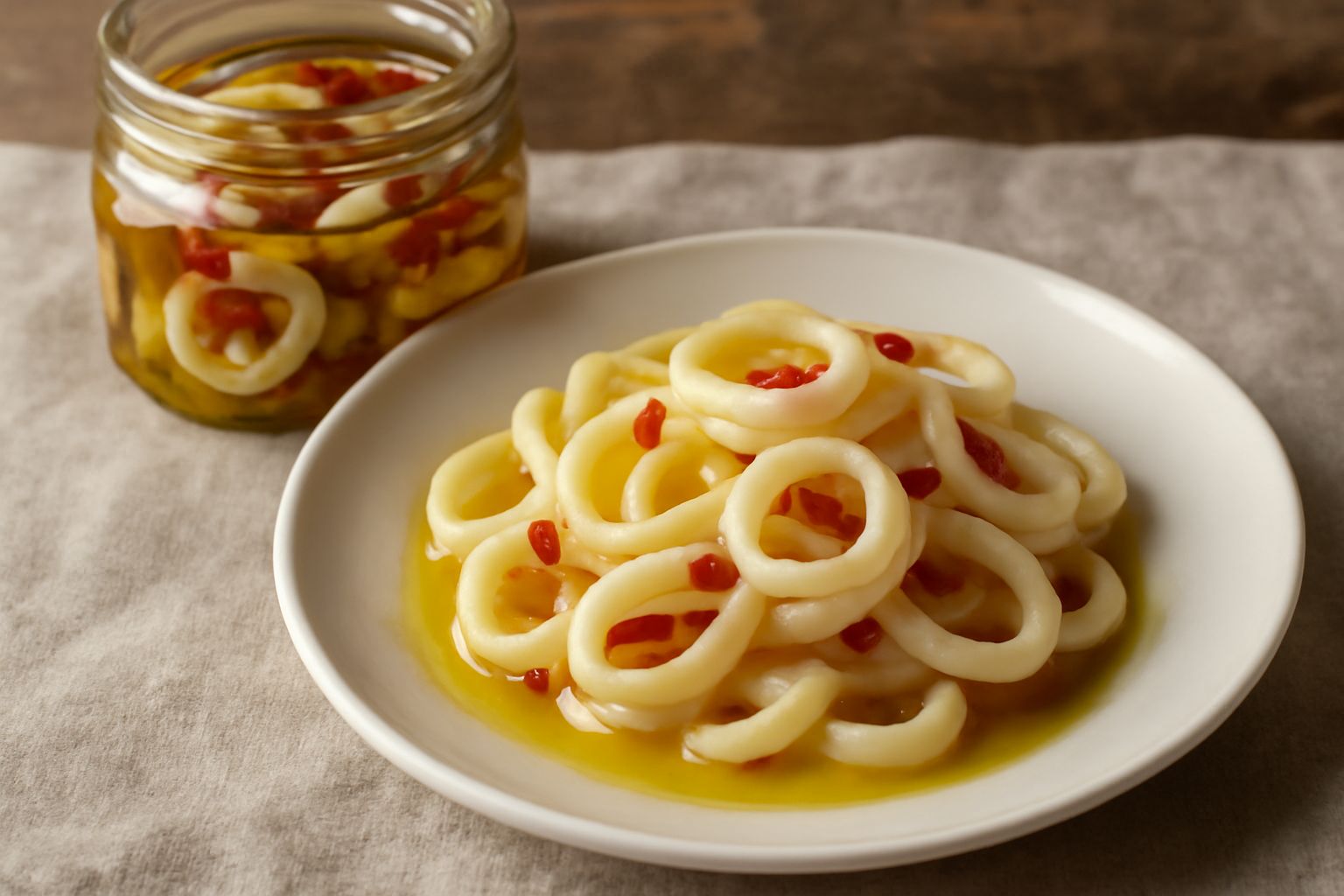 Calamari sott'olio in vasetto di vetro trasparente, anelli di calamaro bianchi immersi in olio dorato, con spicchi d'aglio visibili e peperoncino rosso, foglie di prezzemolo verde in superficie, sfond