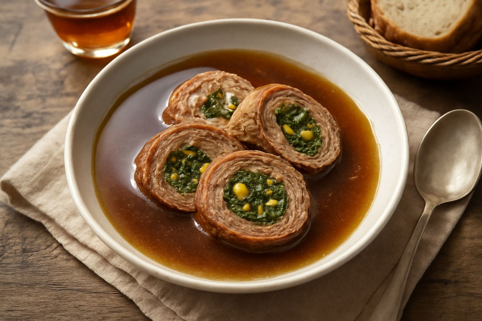 Un piatto fondo in ceramica bianca contiene calcione in brodo: fette di carne arrosto ripiena con verdure, immerse in brodo scuro e limpido. Accompagnato da due fettine di pane tostato ai bordi e un m
