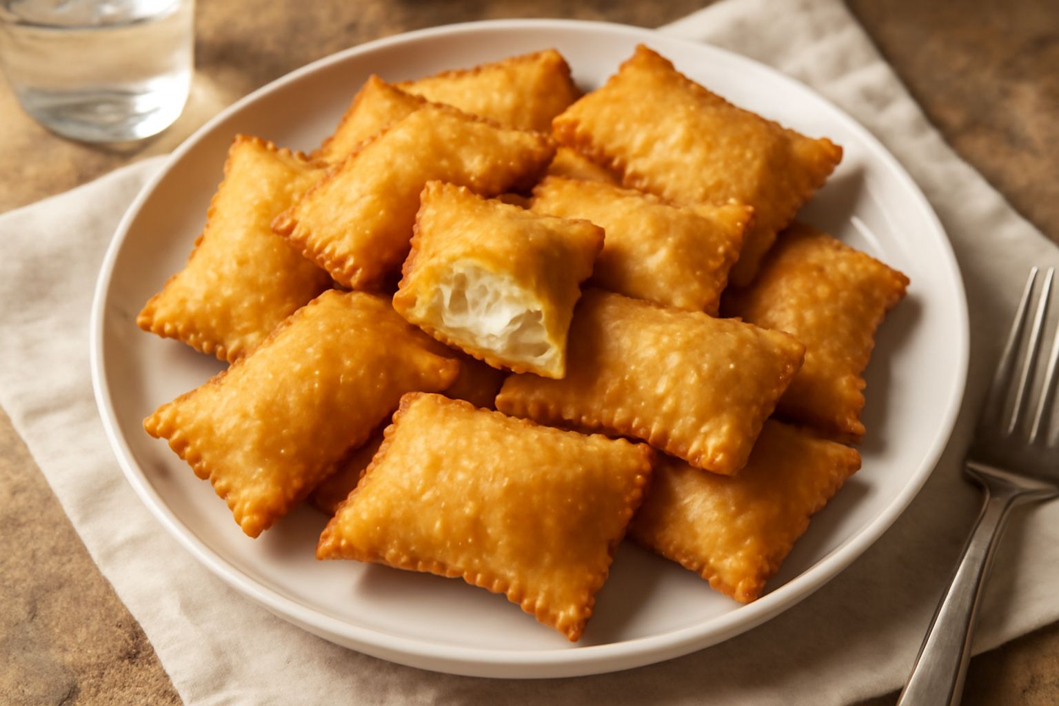 Calcionetti dorati e croccanti adagiati su carta assorbente bianca, vapore appena visibile, alcuni ancora caldi, contorno con ricotta fresca in una ciotola di ceramica