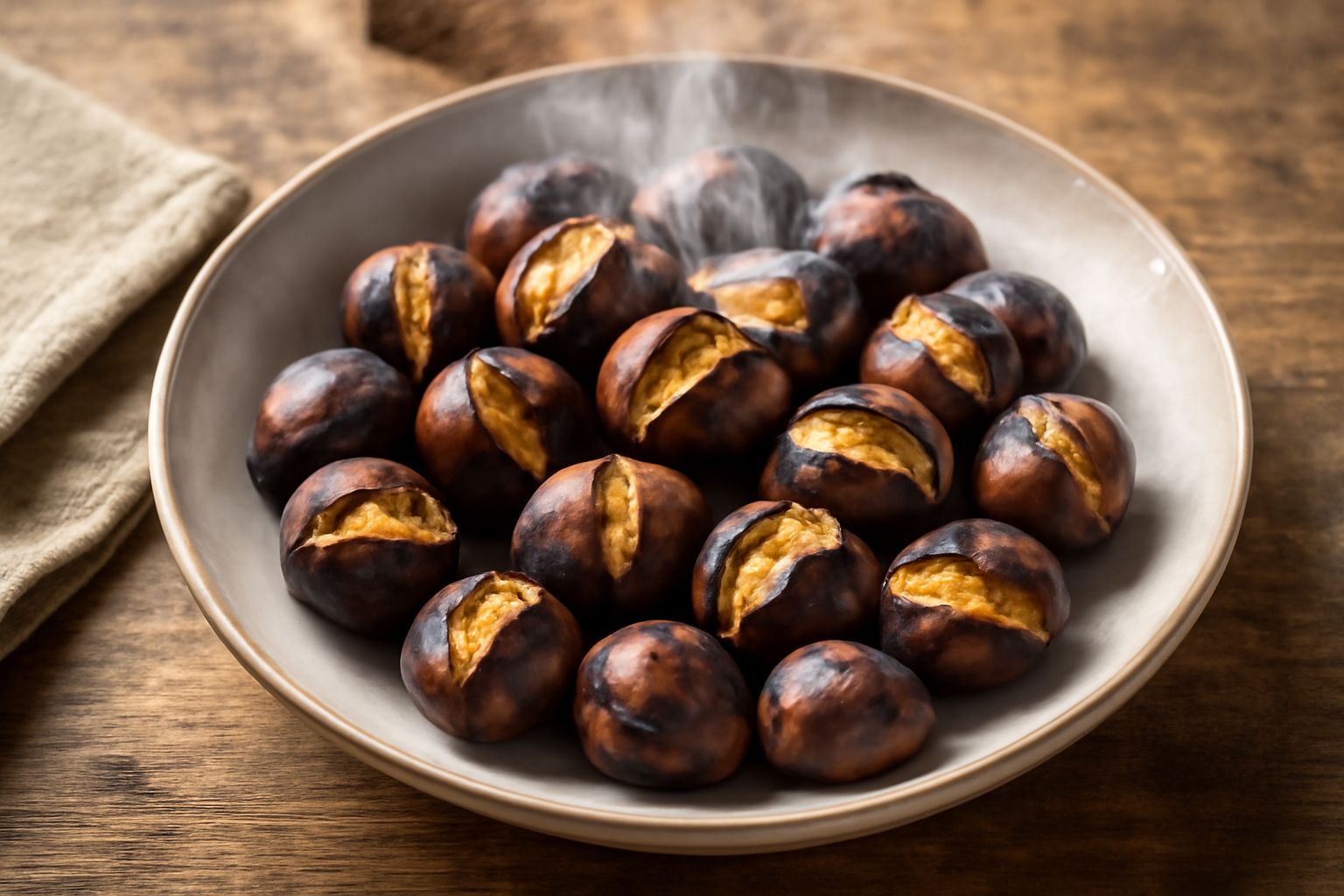 Caldarroste dorate e fumanti nel paiolo di ferro con buchi, castagne appena arrostite con buccia scura croccante, sfondo di fumo e calore