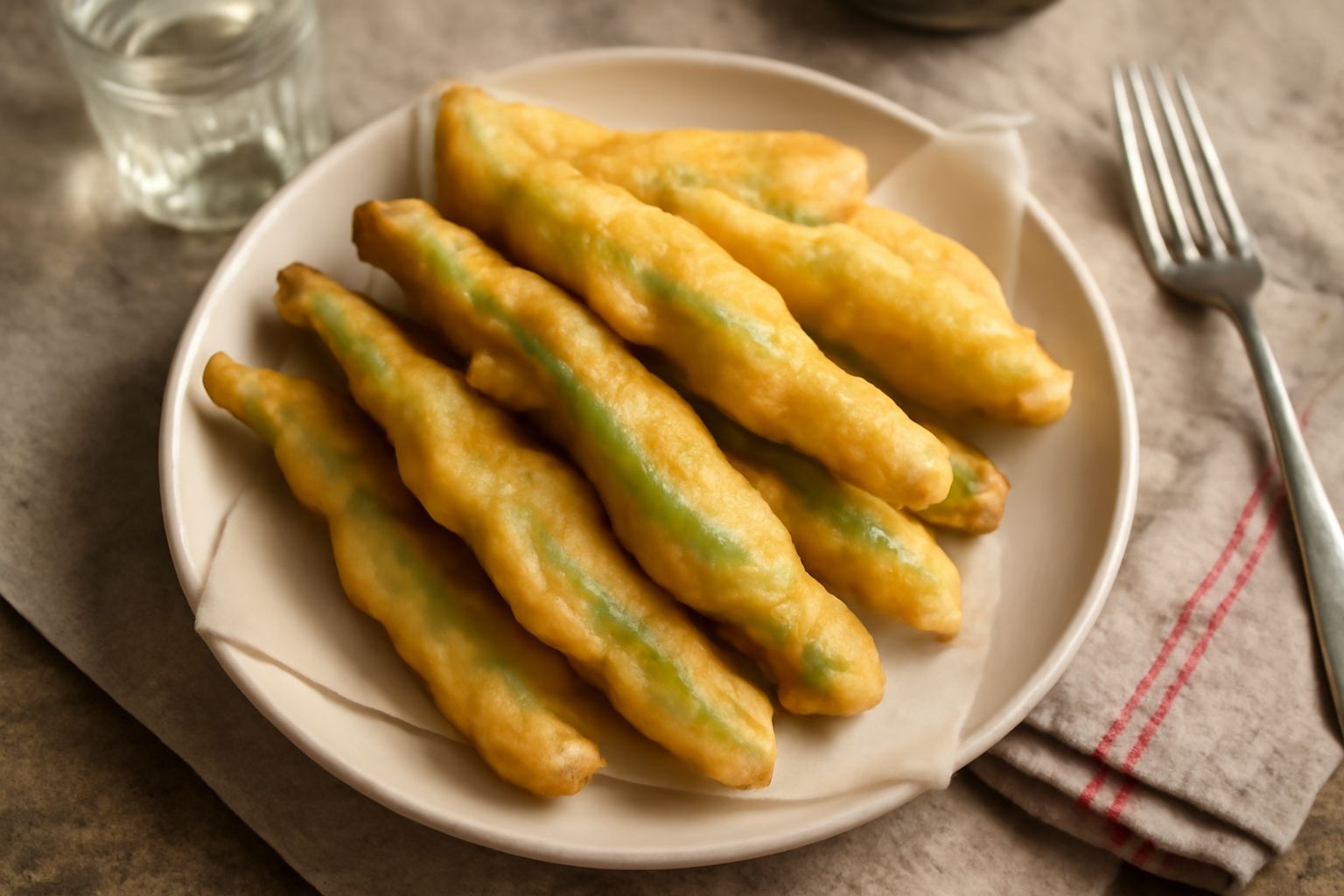 Calighe dorate e croccanti appena fritte, con verdure intere visibili dentro la pastella, disposte su carta assorbente bianca su un piatto di ceramica