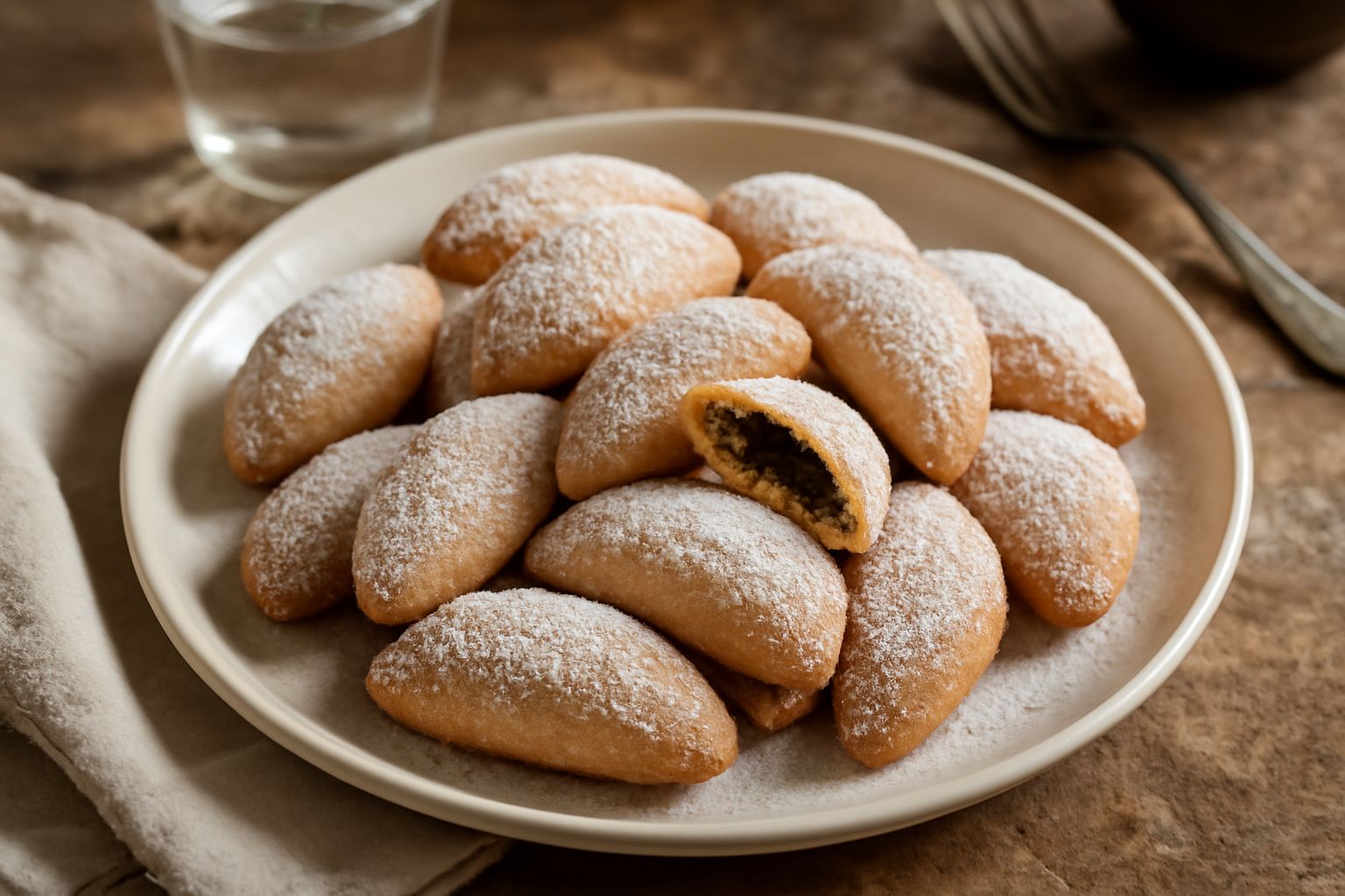 Calsonetti dorati disposti su un piatto bianco, spolverati di zucchero a velo, dalla forma ovale allungata, il ripieno visibile dal taglio su uno di essi