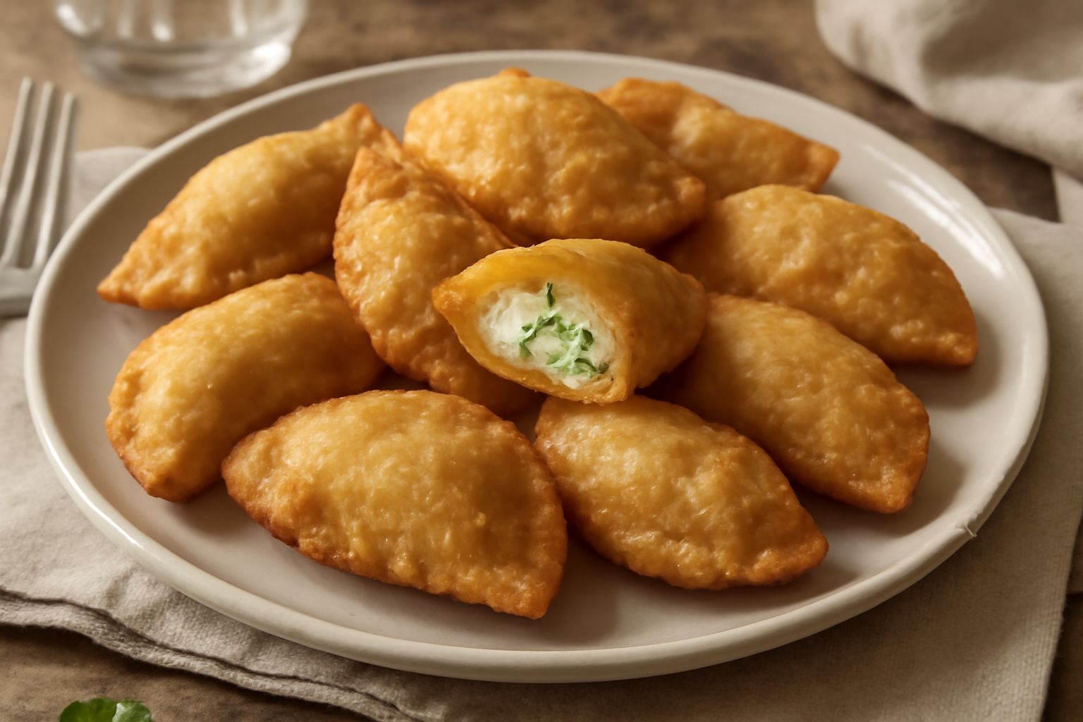 Calzoncelli dorati e croccanti appena fritti, poggiati su carta assorbente bianca, con ritagli di prezzemolo fresco e una coppa di ricotta cremosa al fianco