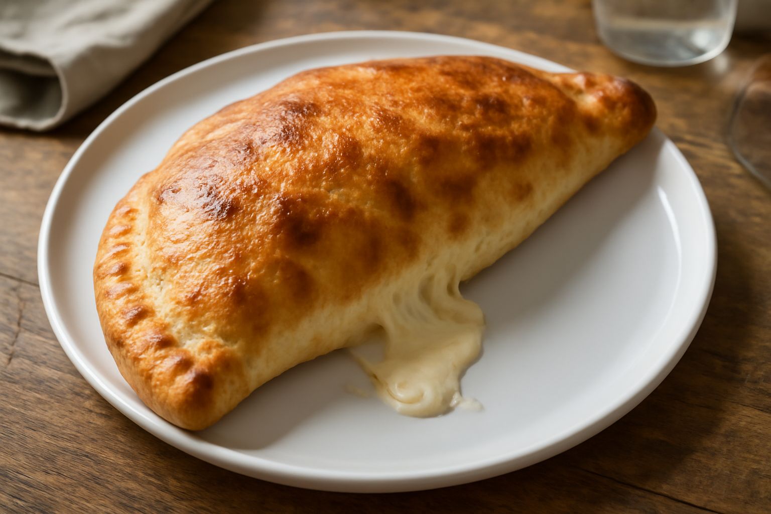 Calzone dorato e croccante in piatto bianco, ancora fumante, con mozzarella filante che esce dalla piega. Contorno di pomodori rossi freschi e insalata verde.