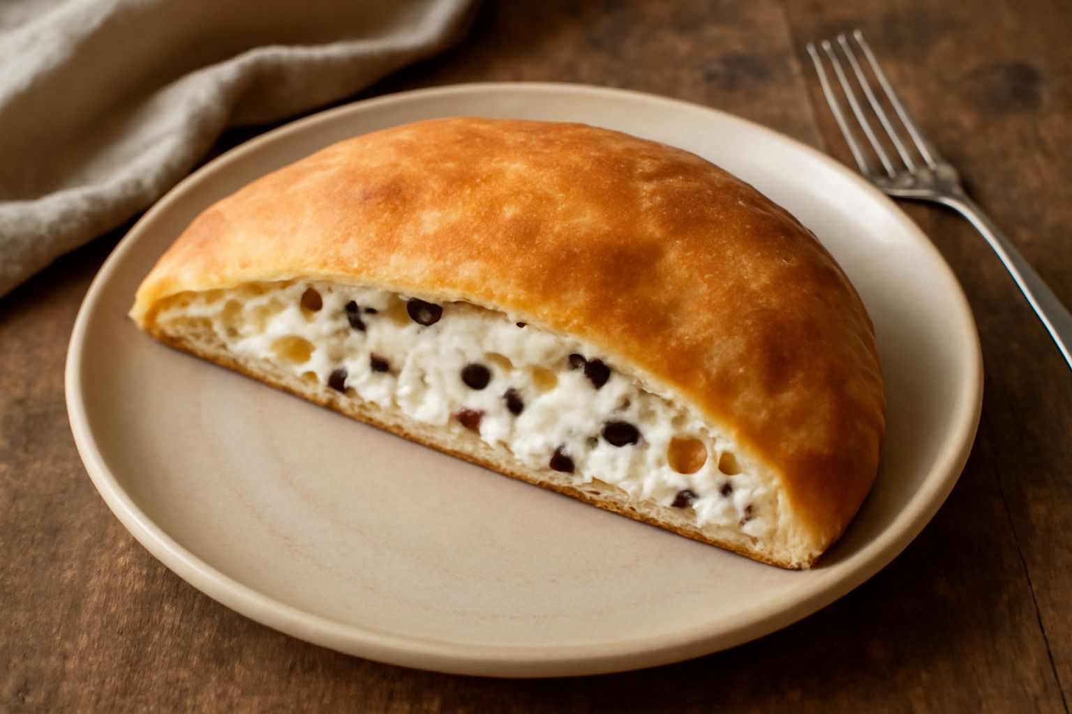 Calzone dolce dorato appena sfornato, spaccato a metà per mostrare il ripieno di ricotta bianca, gocce di cioccolato scuro e uvetta gialla, posato su un piatto bianco con carta pergamena