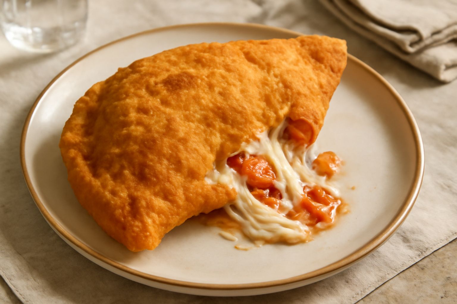Calzone fritto a forma di mezzaluna, dorato e croccante in primo piano, tagliato a metà per mostrare il ripieno di mozzarella filante, pomodoro e salumi dentro, posato su carta assorbente bianca