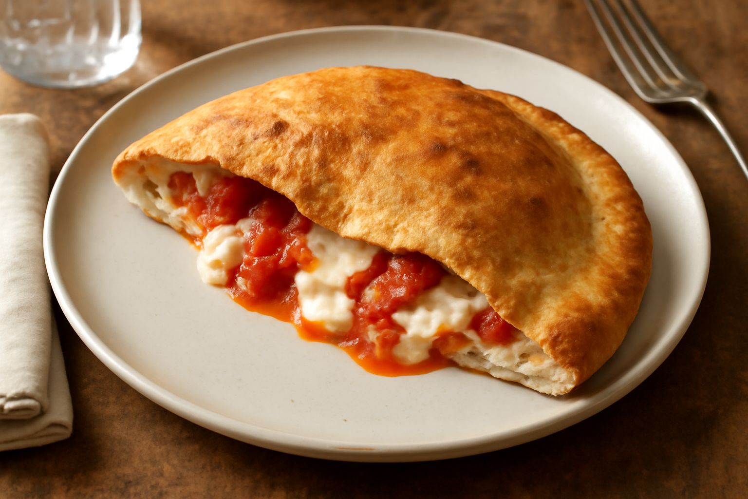 Calzone molisano spaccato in due metà che mostra il ripieno rosso di pomodoro, filamenti bianchi di formaggio fuso e pezzetti di salume, su superficie infarinata con vapore ancora visibile