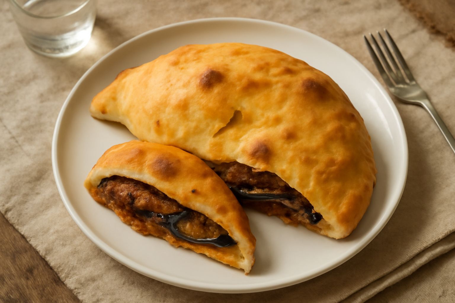 Calzone ragusano appena sfornato, dorato in superficie, tagliato a metà per mostrare il ripieno abbondante di ragù di carne, melanzane fritte e formaggio filante, su un piatto bianco con un canovaccio