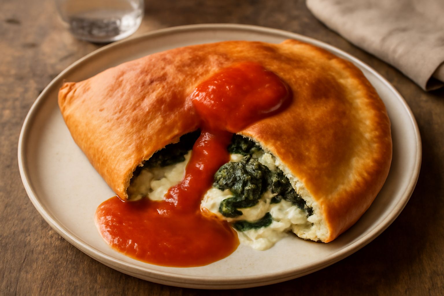 Calzone dorato appena sfornato, tagliato a metà, con ricotta e mozzarella filante che fuoriesce, contorno di sugo di pomodoro rosso in un piatto bianco