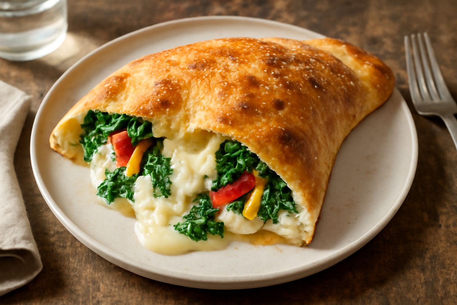 Calzone dorato e croccante tagliato a metà, che mostra l'interno con ricotta, mozzarella, spinaci e peperoni, servito in un piatto bianco con contorno di insalata verde fresca