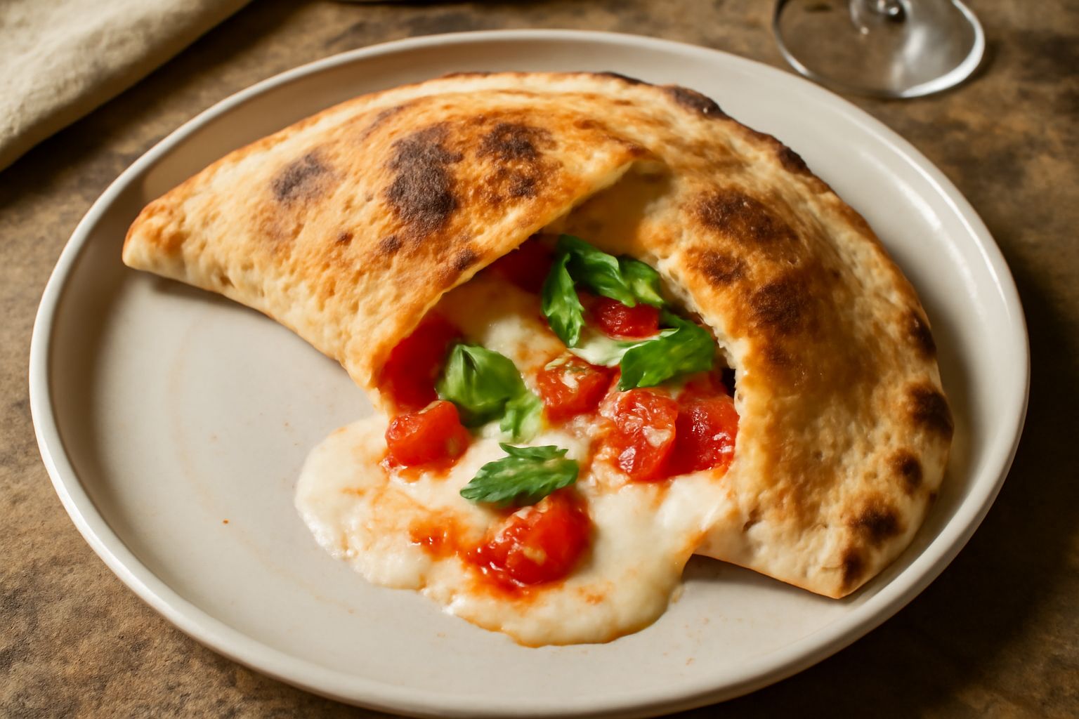 Calzone appena sfornato, dalla crosta dorata e leggermente screpolata, aperto per mostrare il ripieno di mozzarella filante, pomodoro rosso e basilico verde, servito su un piatto bianco