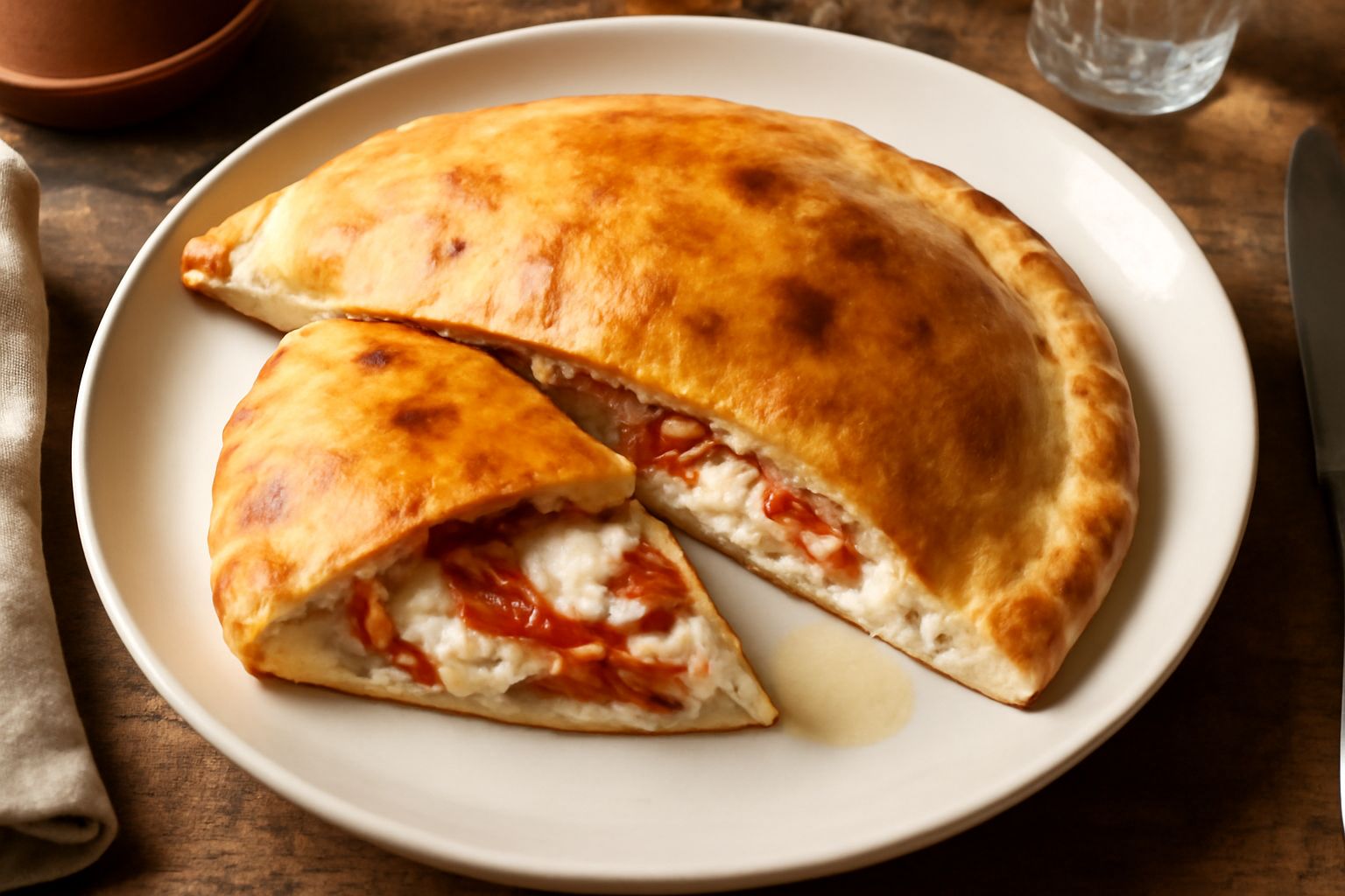 Calzone tradizionale appena sfornato, dorato in superficie, tagliato a metà per mostrare il ripieno di ricotta bianca, mozzarella filante, prosciutto e cicoria verde