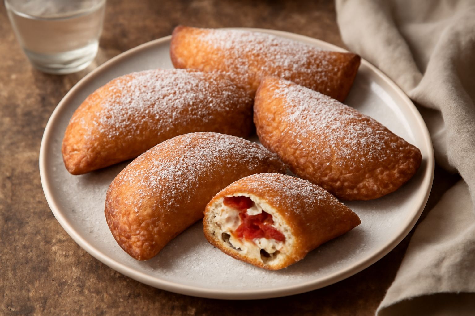 Calzoni dolci dorati e croccanti su un piatto bianco, cosparsi di zucchero a velo, con un taglio che mostra il ripieno di marmellata rossa e ricotta cremosa all'interno