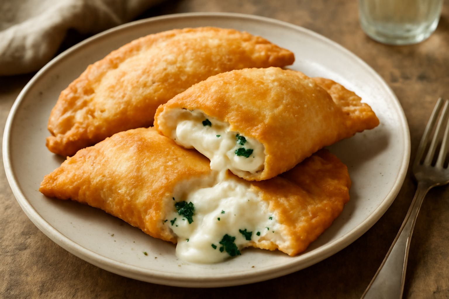 Tre calzoni fritti su piatto bianco, dorati e grinzosi, con formaggio che fuoriesce dal bordo, contornati da pomodori freschi e basilico