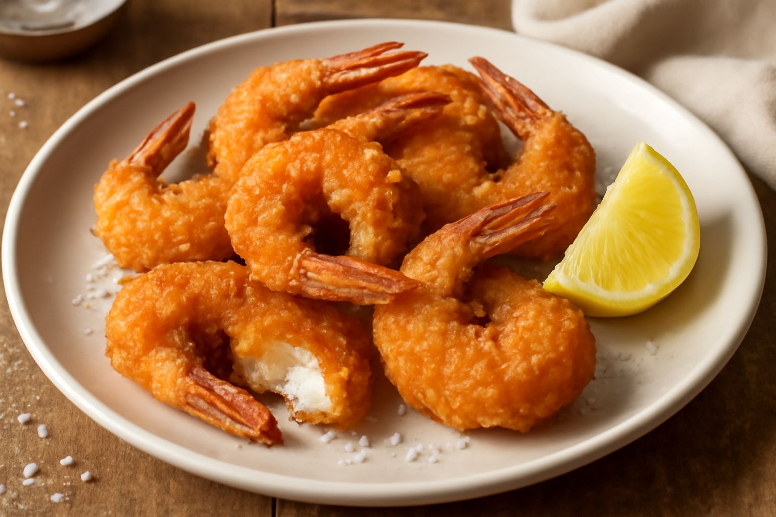 Camaroni fritti dorati e croccanti disposti su un piatto bianco, con scorza di limone fresco e una ciotola di salsa rossa accanto, fondo sfocato di cucina luminosa