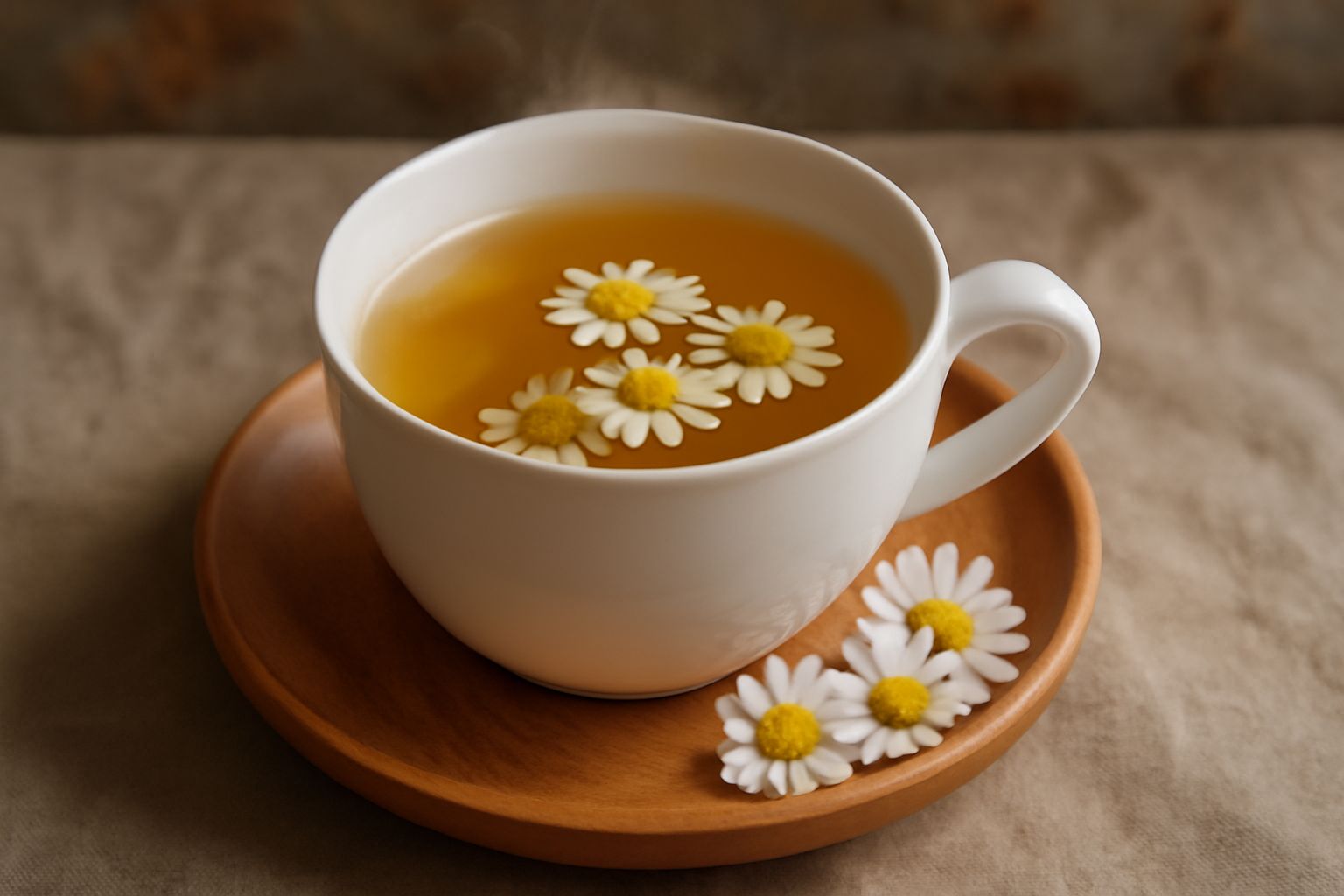 Tazza di ceramica bianca con tisana di camomilla trasparente e ambrata, circondato da fiori secchi di camomilla sparsi su un piattino di legno, vapore leggero sopra la tazza