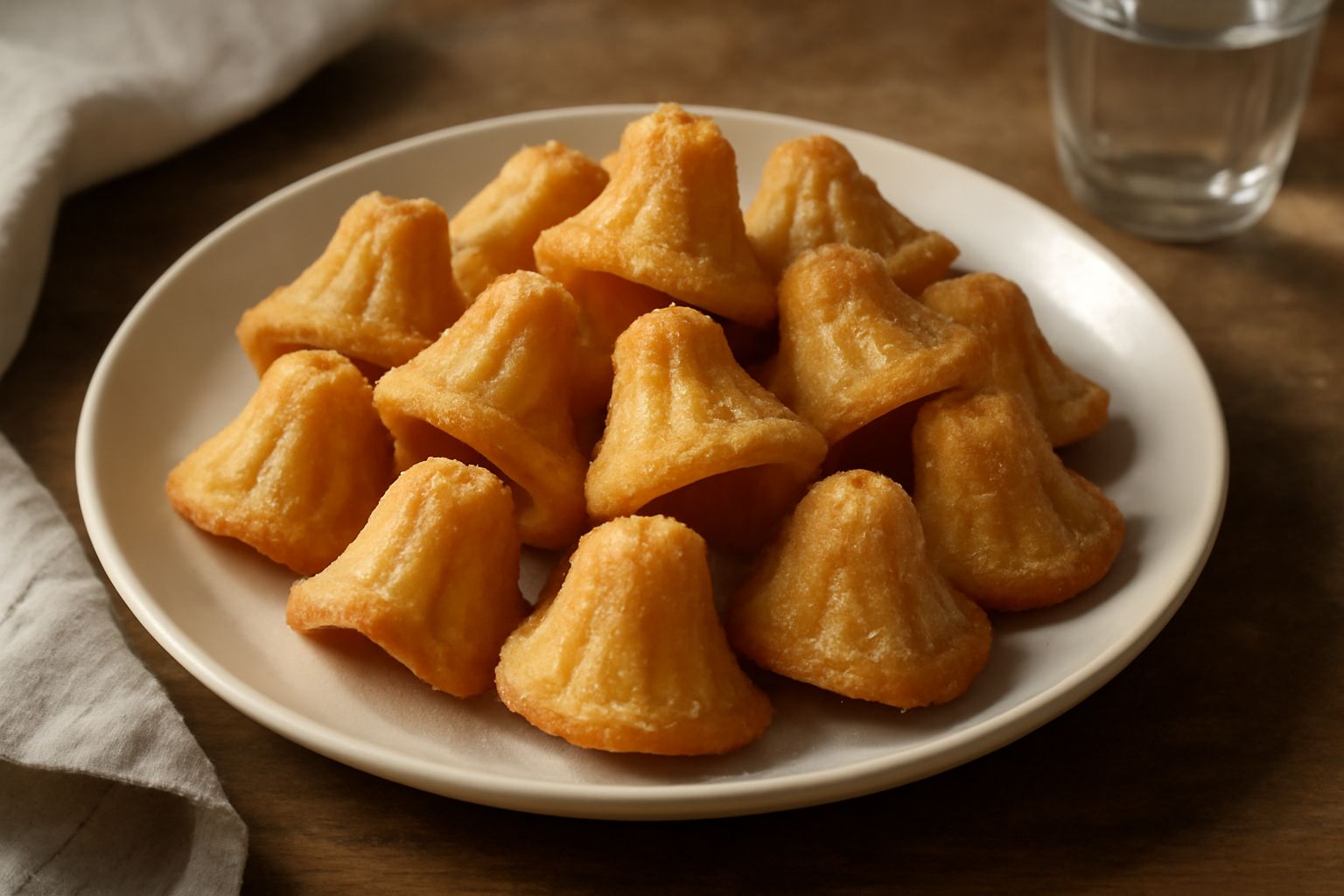 Campanelle dolci dorate a forma di campana con sfumature croccanti, impilate su un piatto bianco con zucchero a velo sparso intorno e bacche di vaniglia sullo sfondo