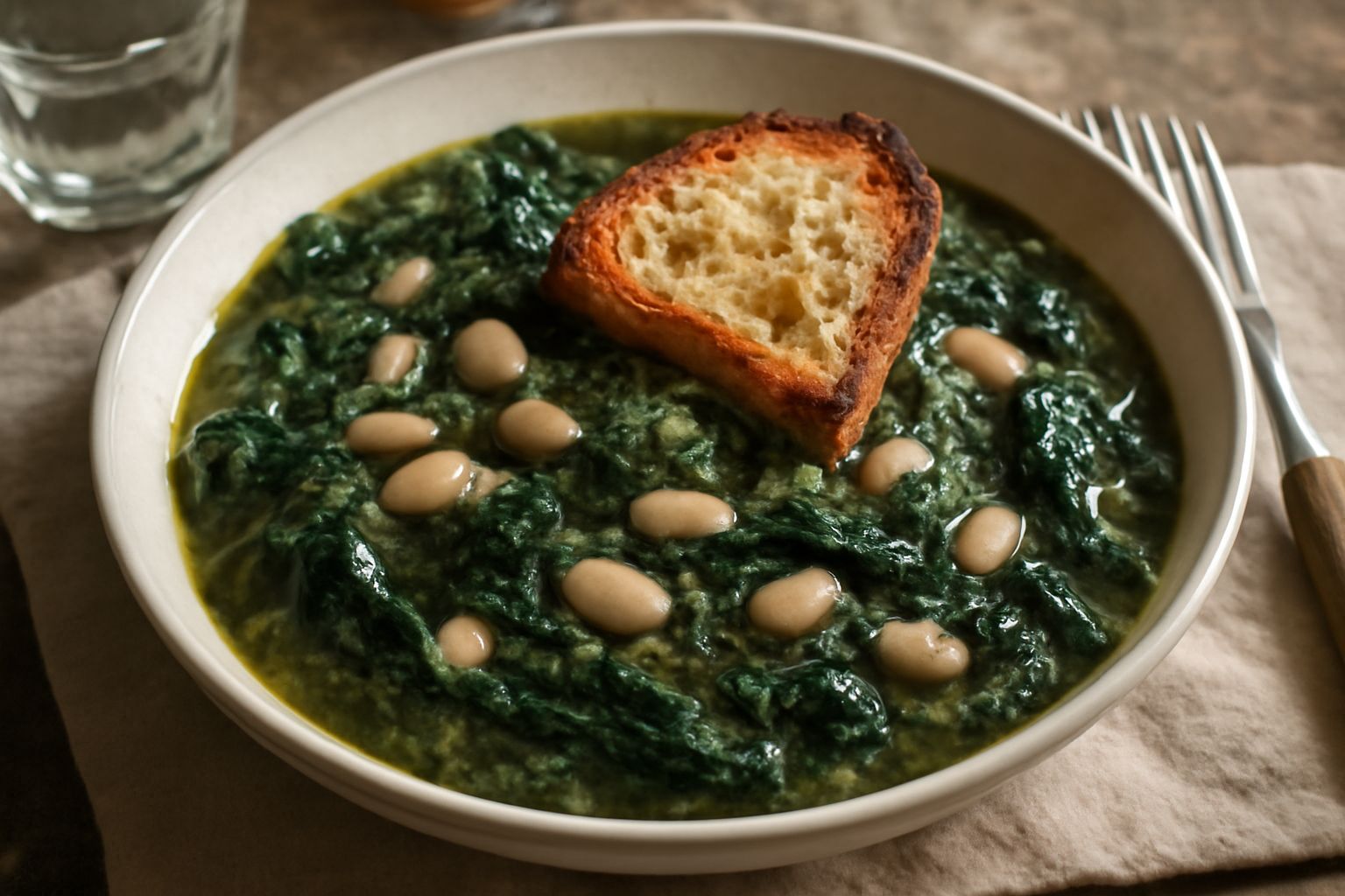 Canaiolo in ciotola di ceramica bianca: minestra densa color verde scuro con fagioli visibili, pane tostato galleggiante, filo di olio d'oliva in superficie, erba cipollina fresca