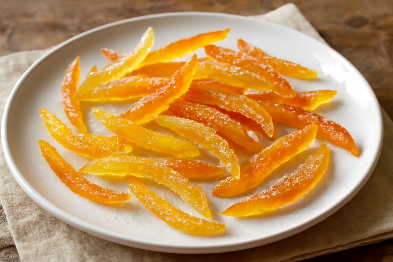 Canditi di arancia e limone trasparenti e lucidi, tagliati a strisce, posti su una teglia bianca con cristalli di zucchero semolato che brillano alla luce