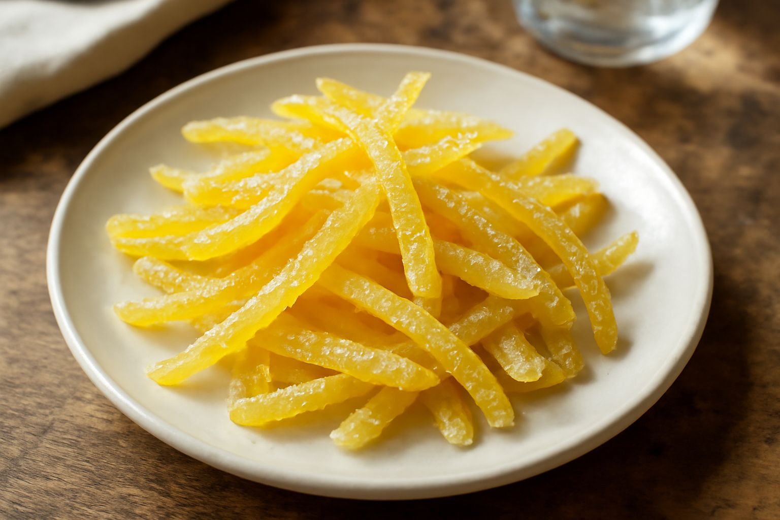 Canditi di limone giallo acceso cosparsi di zucchero cristallizzato, disposti su carta forno bianca, con uno spicchio di limone fresco accanto