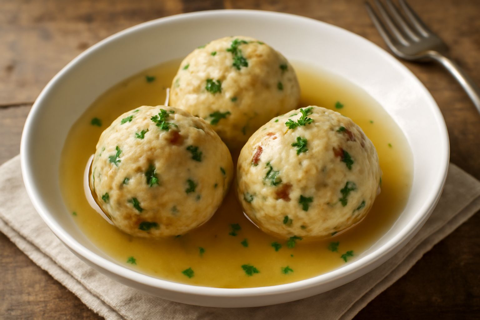 Tre canederli dorati e soffici in un piatto di brodo caldo, con erba cipollina fresca sopra, serviti in una ciotola di ceramica bianca