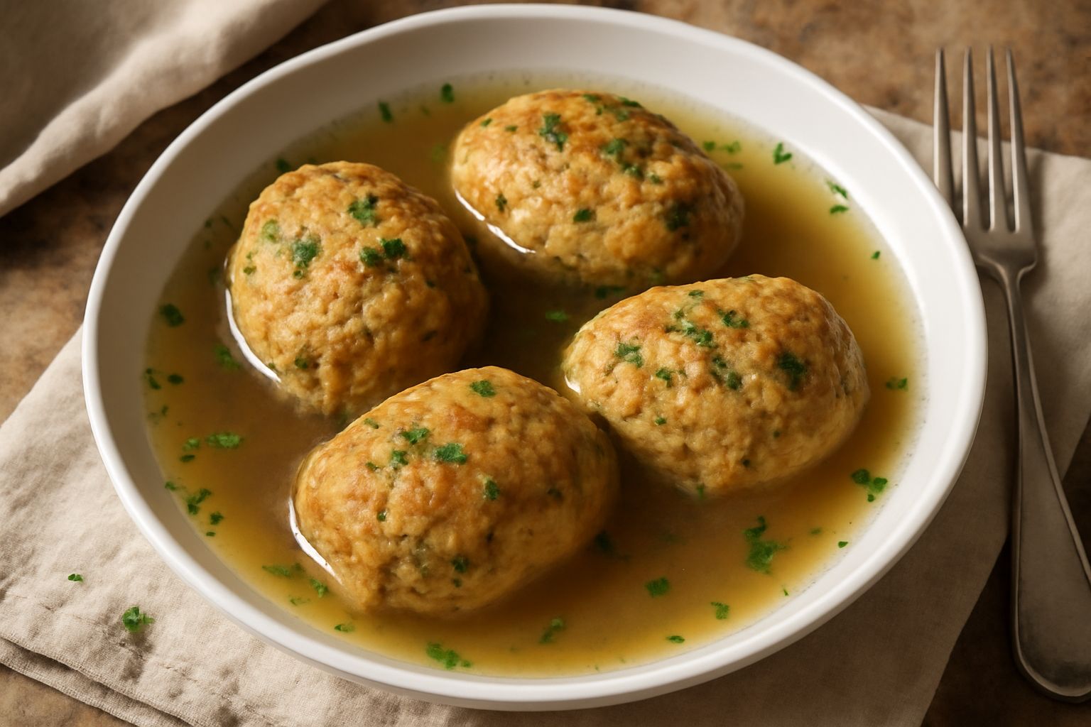 Canederli marrone dorato in brodo di carne chiaro, serviti in una scodella profonda bianca, guarniti con prezzemolo fresco verde e una grattugia di formaggio giallo in primo piano