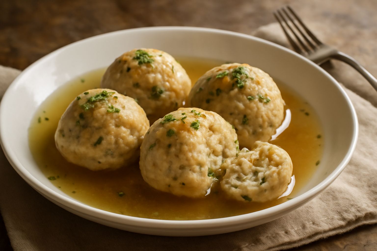 Tre canederli dorati e soffici in una ciotola bianca di brodo caldo, decorati con prezzemolo fresco e pepe nero, con vapore che sale dalla pietanza