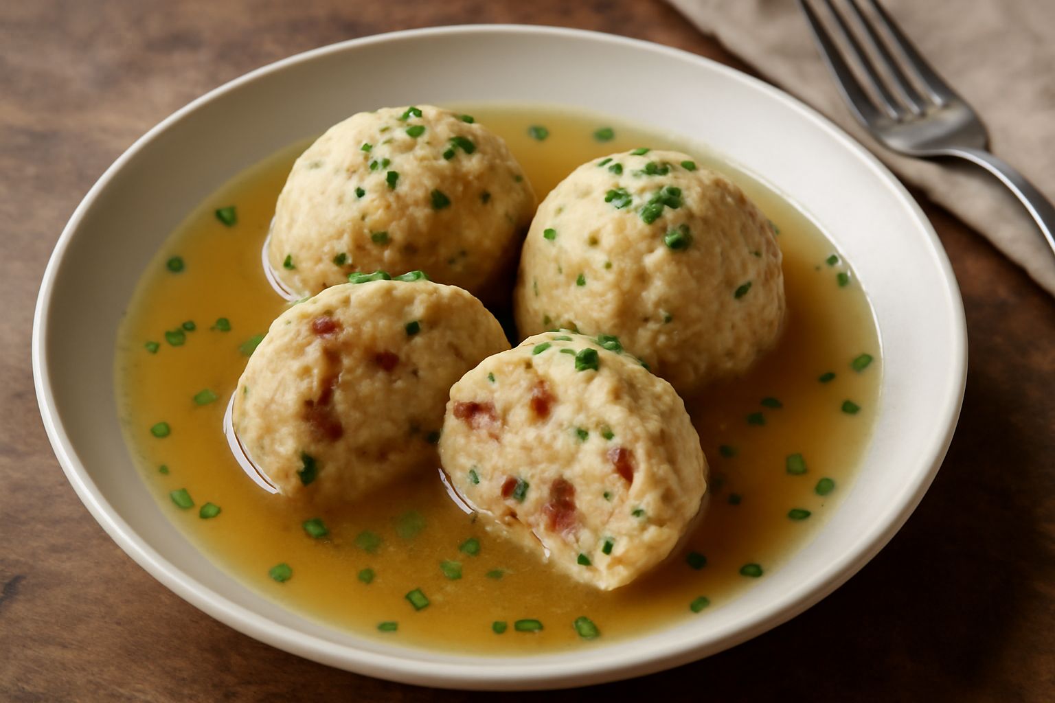 Canederli dorati in una ciotola bianca di ceramica con brodo trasparente, guarniti con erba cipollina fresca verde, pane tostato ai bordi, tavolo di legno naturale