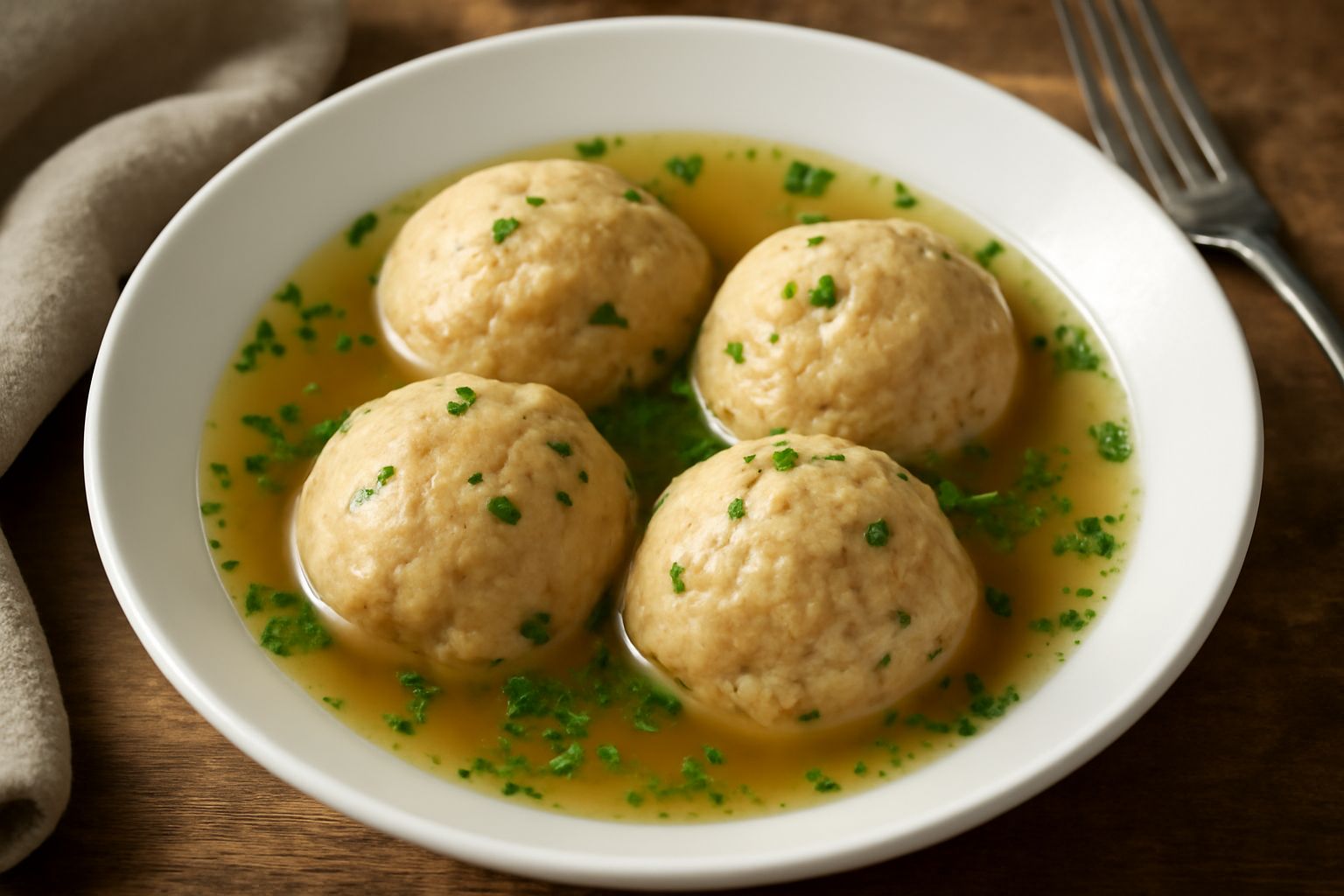 Tre canederli dorati e soffici in una ciotola di brodo caldo, con prezzemolo fresco tritato in superficie e cucchiaio di metallo accanto