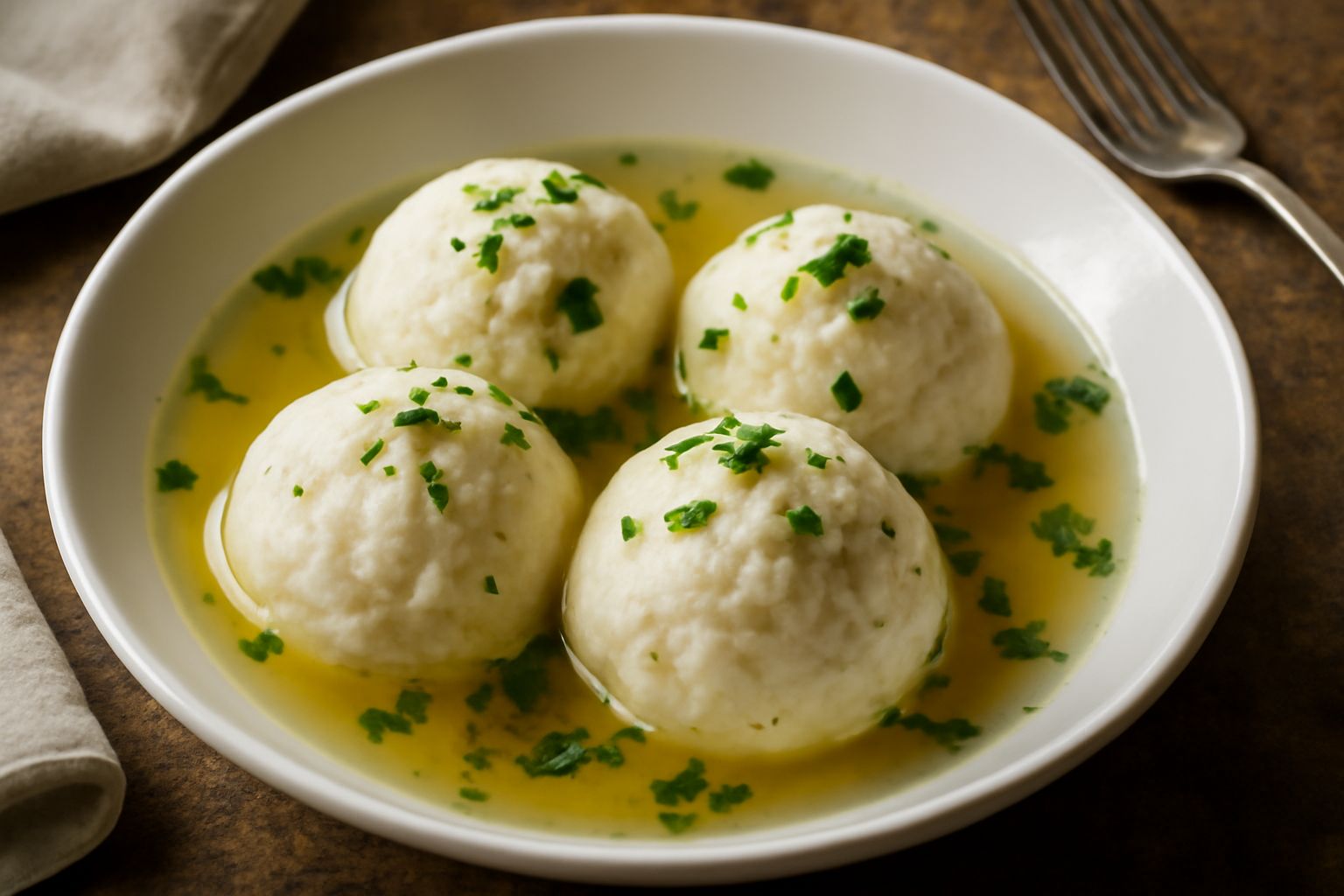 Tre canederli di ricotta color bianco crema serviti in un piatto fondo con brodo caldo trasparente, guarniti con prezzemolo fresco e una noce di burro fuso in superficie