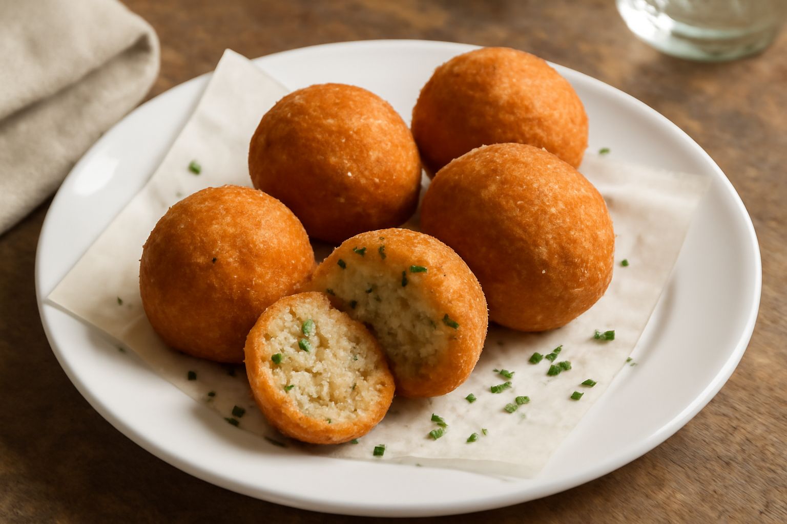 Canederli fritti dorati disposti su carta assorbente bianca, con crosta croccante marrone chiaro, polverizzati di sale grosso, con una ciotola di senape accanto