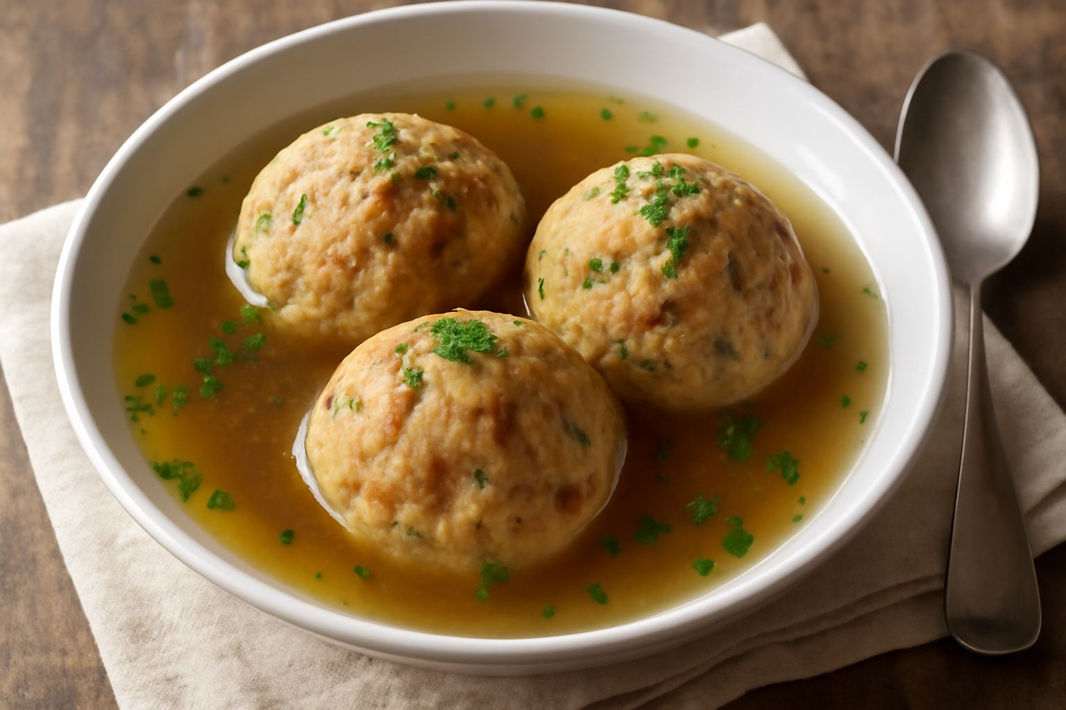Ciotola di ceramica bianca con tre canederli grandi e dorati immersi in brodo trasparente, foglia di prezzemolo fresco sulla superficie, pane integrale sfocato sullo sfondo