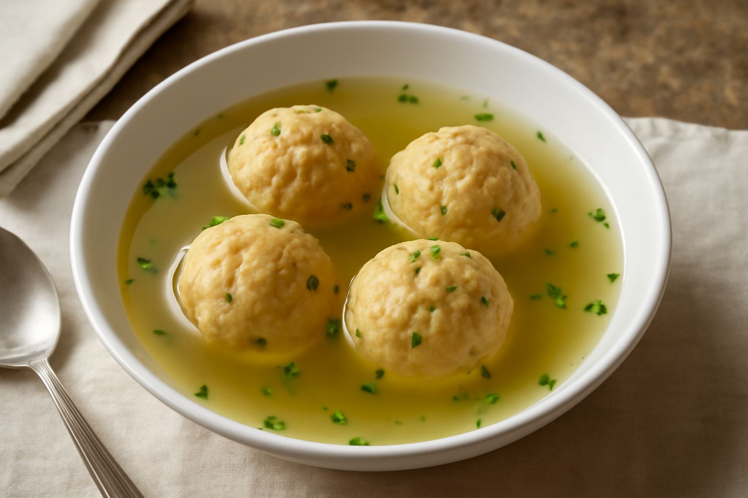 Canederli tondi e dorati in una ciotola di brodo trasparente freddo, con prezzemolo fresco e un filo di brodo ambrato visibile intorno agli gnocchi
