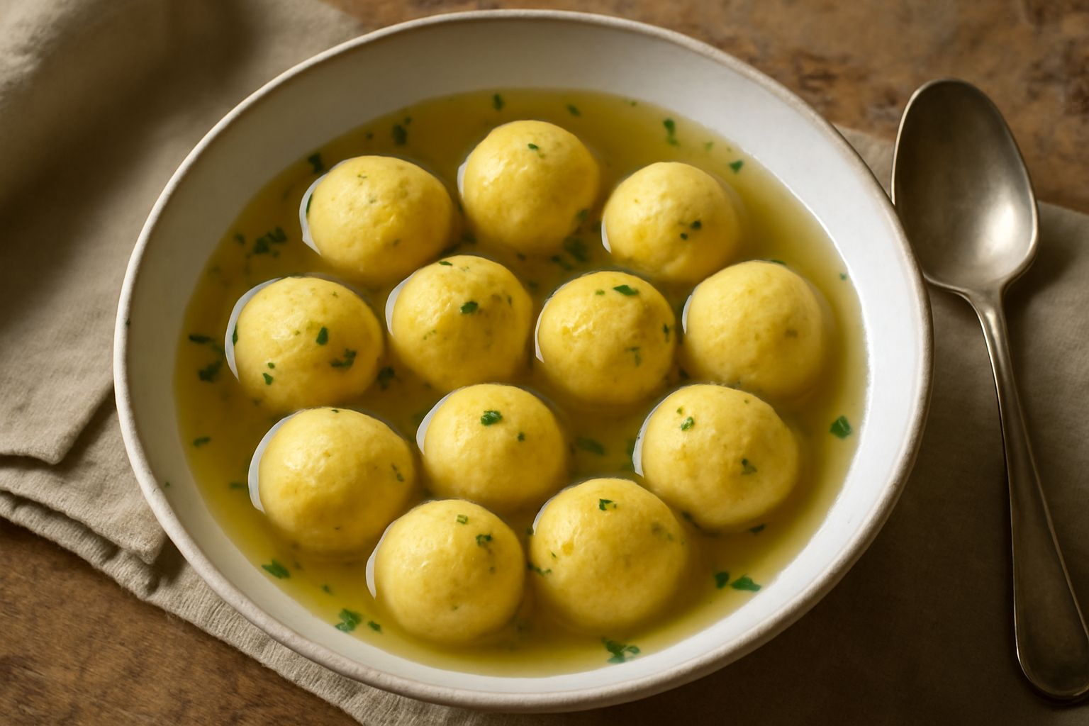Canederli piccoli dorati e soffici immersi in brodo di carne fumante in una ciotola bianca, con prezzemolo verde sparso in superficie