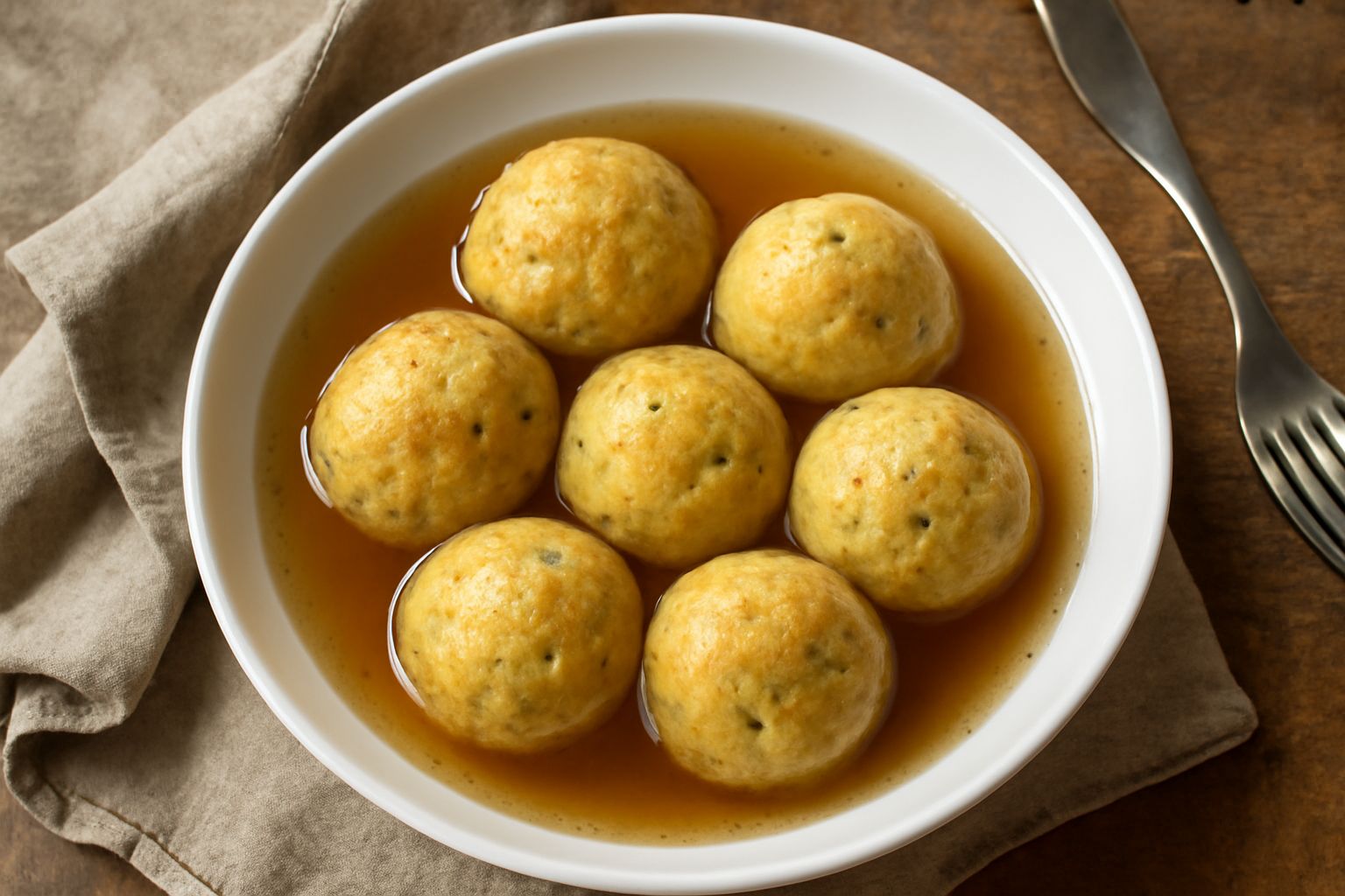 Canederli piemontesi in una ciotola di ceramica bianca, immersi in brodo caldo color ambra, con prezzemolo fresco spezzettato in superficie e scaglie di parmigiano, vapore leggero che sale dal piatto
